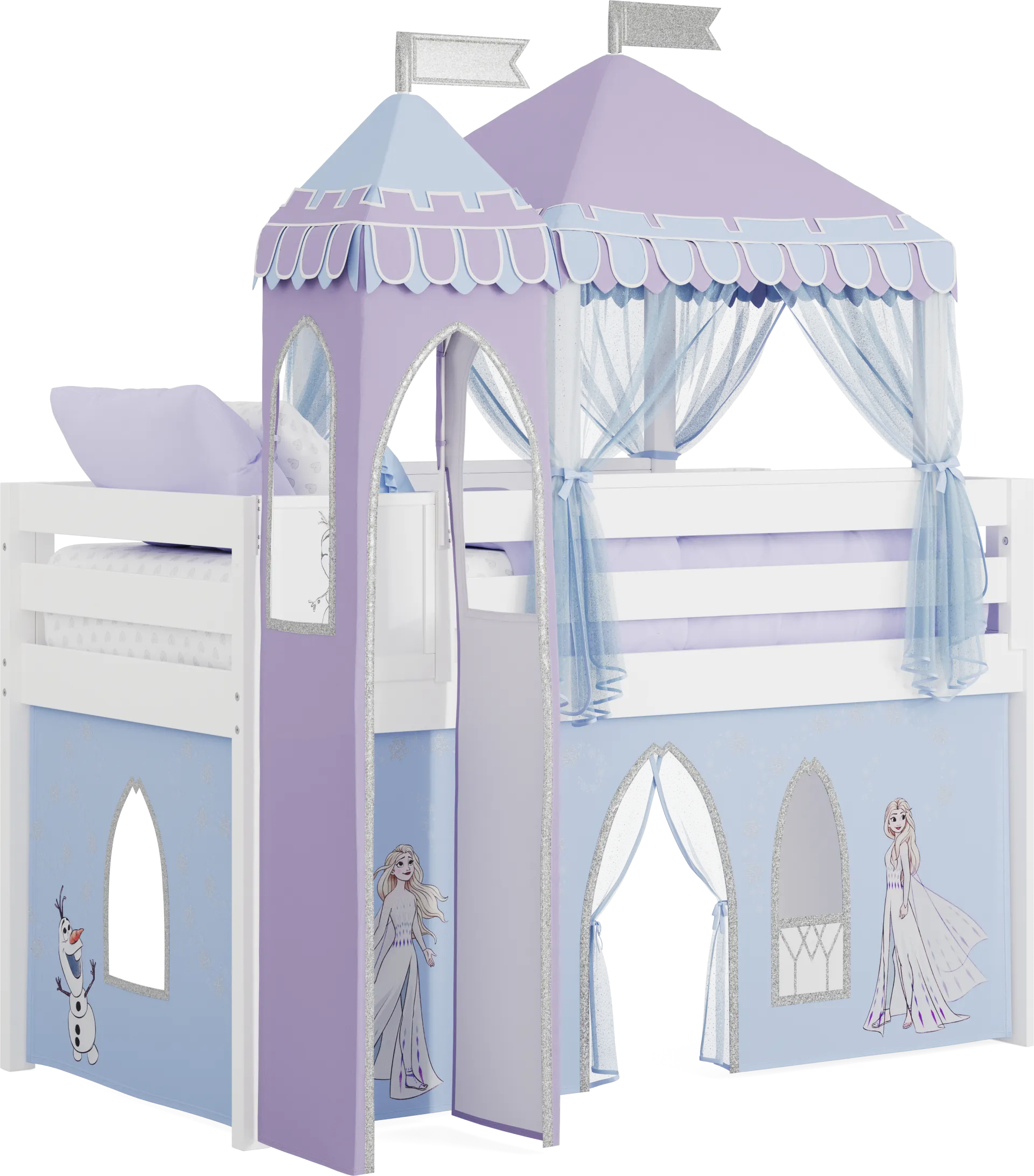 Frozen White Twin Low Loft with Activity Panel, Tent & Tower - Image 1