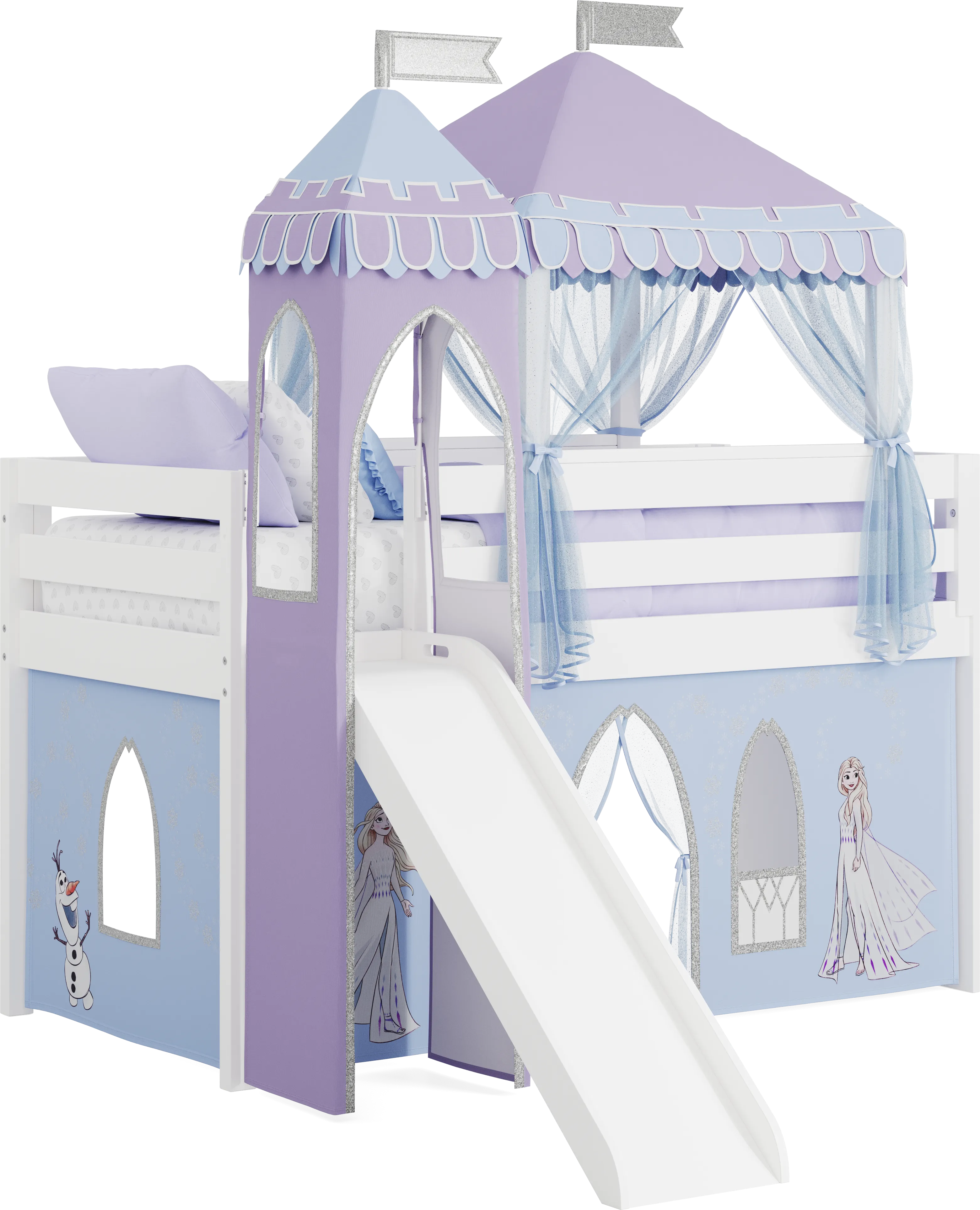 Frozen White Twin Low Loft with Slide, Tent & Tower - Thumbnail - Image 1