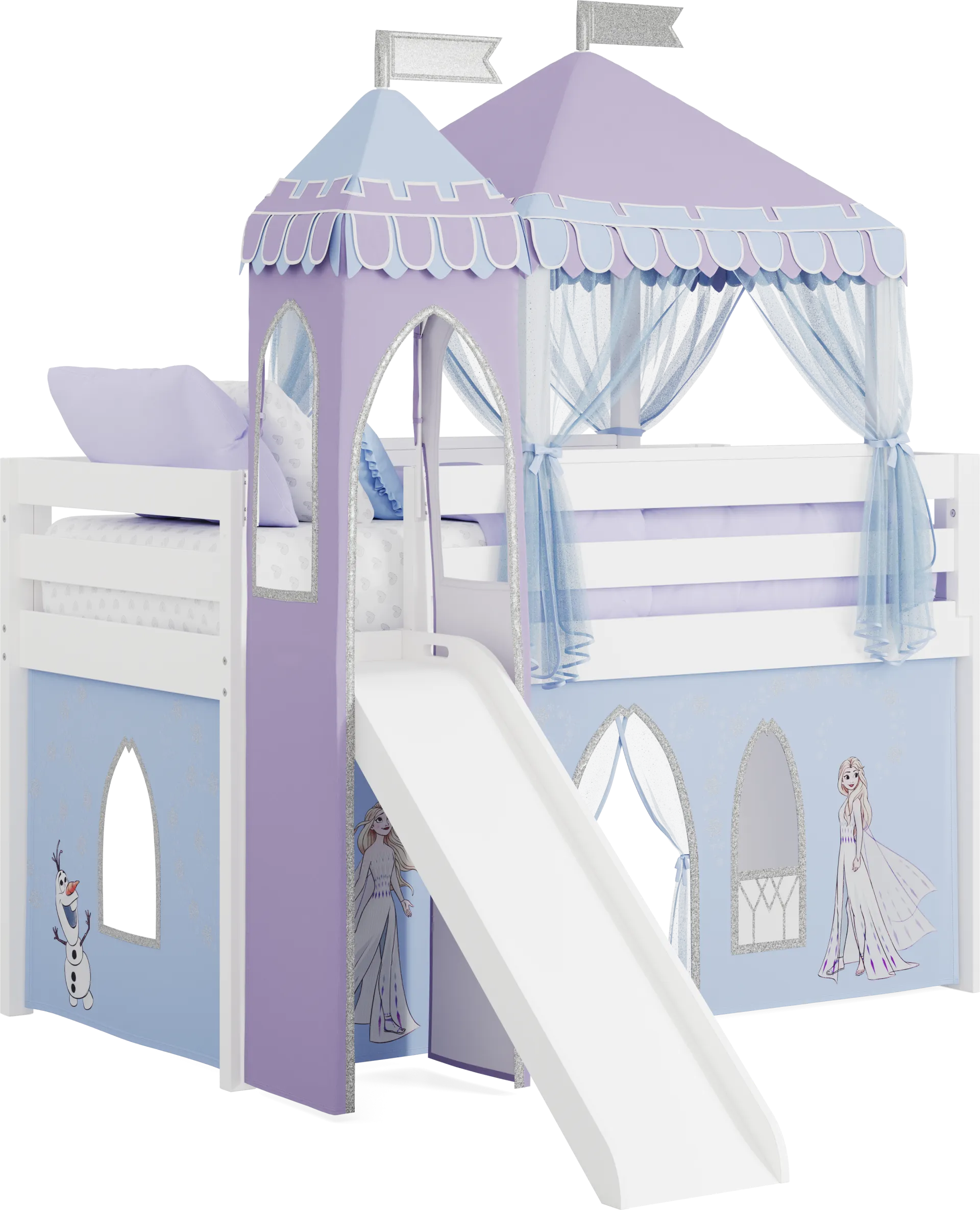 Frozen White Twin Low Loft with Slide, Tent & Tower - Image 1