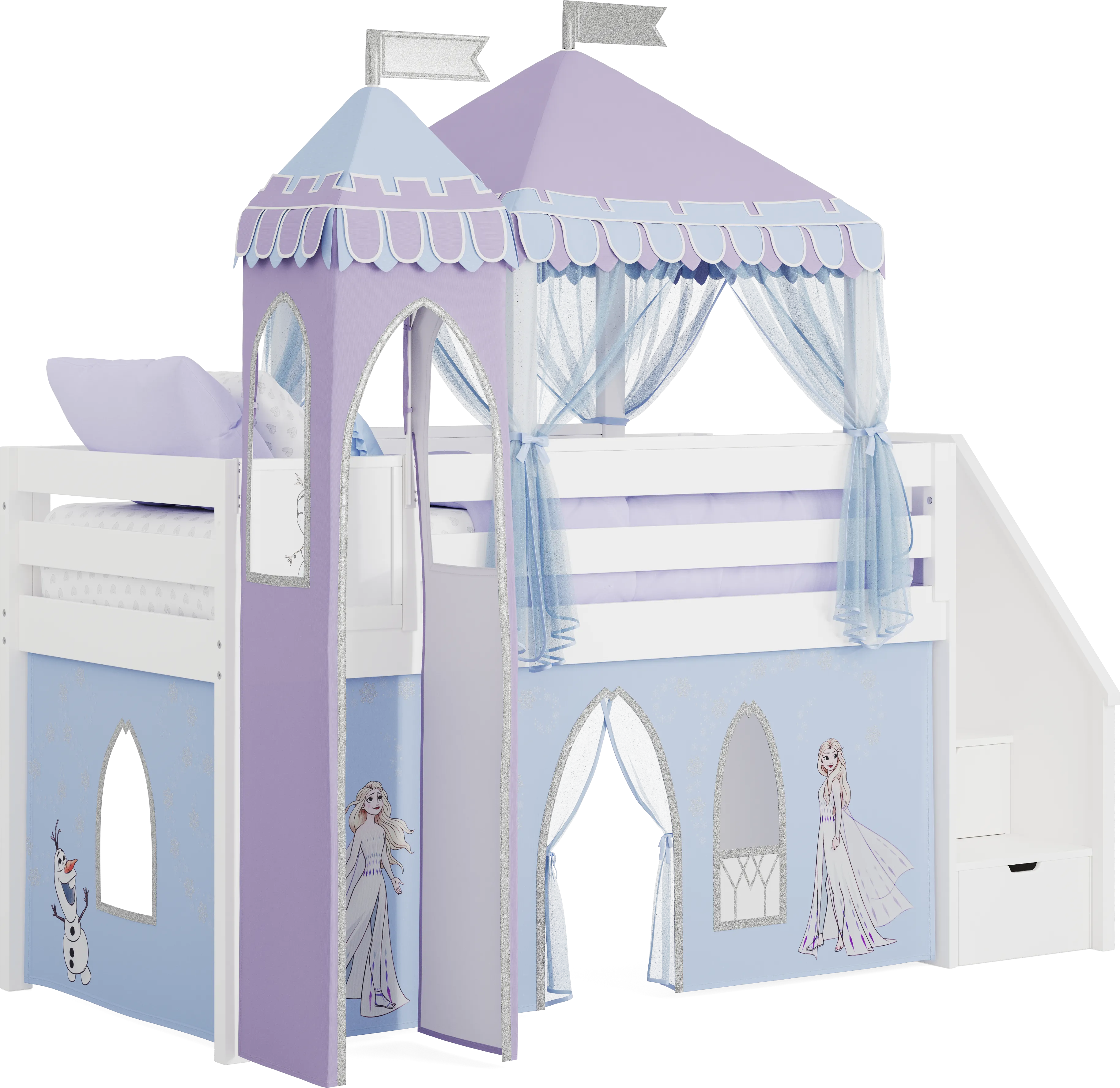 Frozen White Twin Low Step Loft with Activity Panel, Tent & Tower - Thumbnail - Image 1