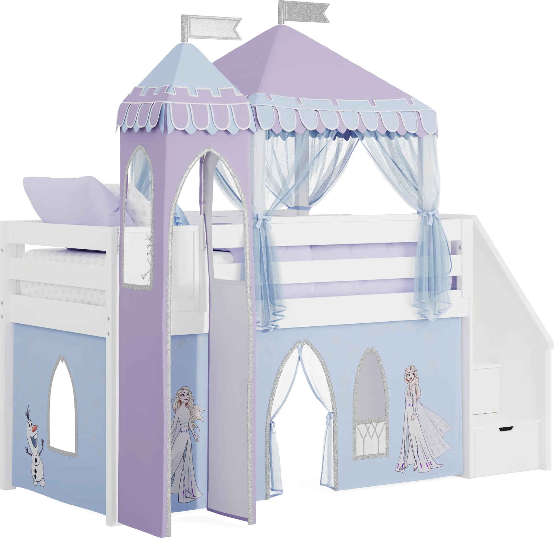 Frozen White Twin Low Step Loft with Activity Panel, Tent & Tower - Image 1