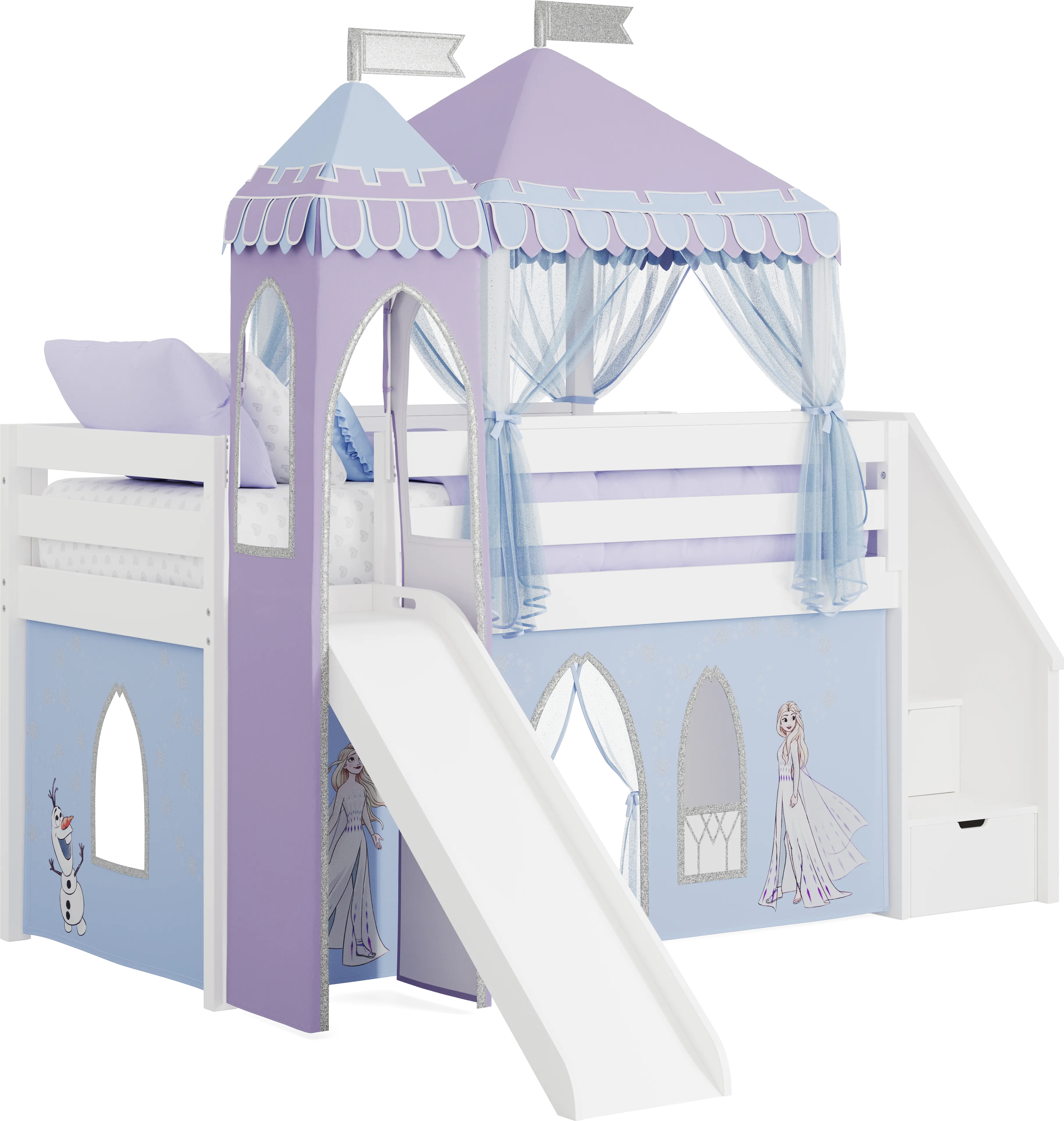 Frozen White Twin Low Step Loft with Slide, Tent & Tower - Thumbnail - Image 1