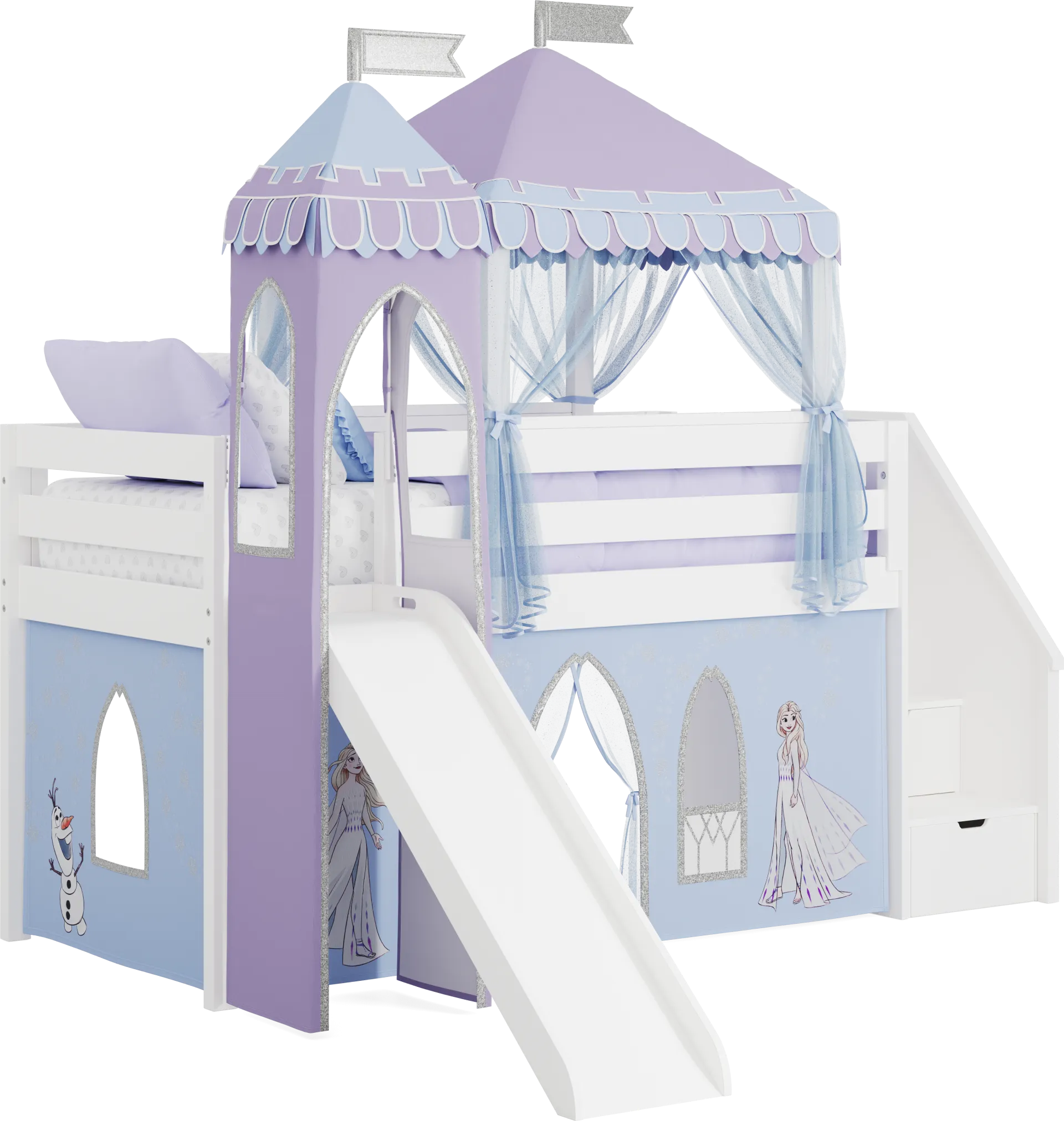 Frozen White Twin Low Step Loft with Slide, Tent & Tower - Image 1