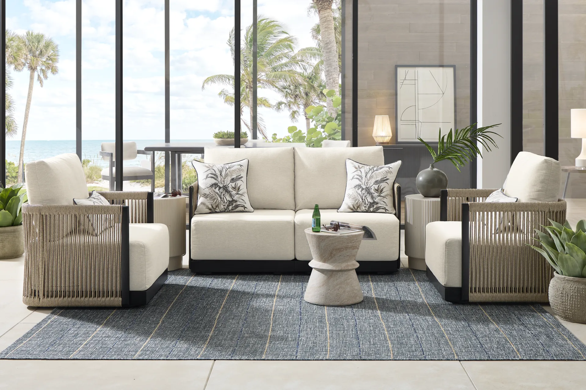 Lanai Black Outdoor Loveseat with Cream Cushions - Image 2
