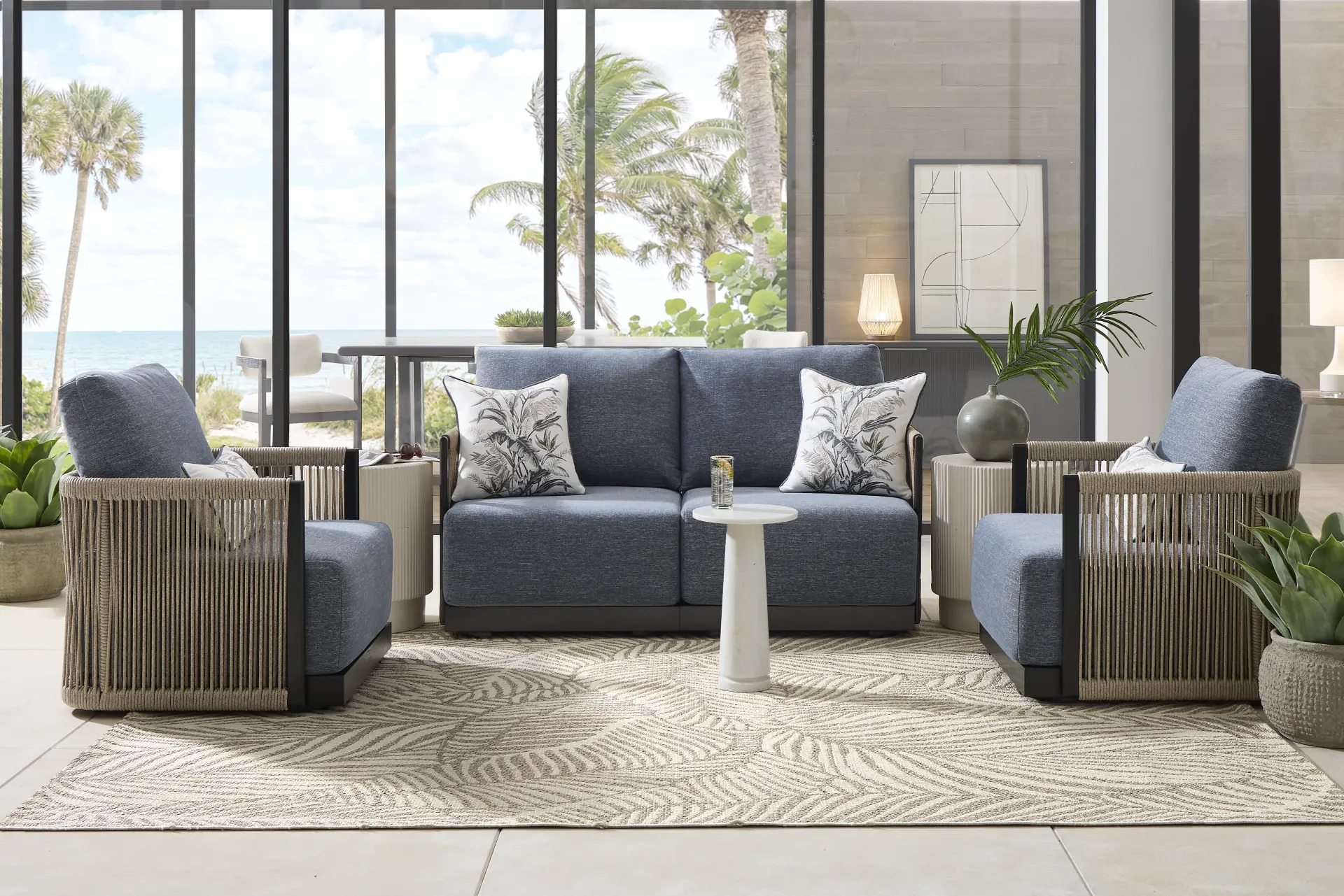Lanai Black 4 Pc Outdoor Loveseat Seating Set with Mineral Cushions
