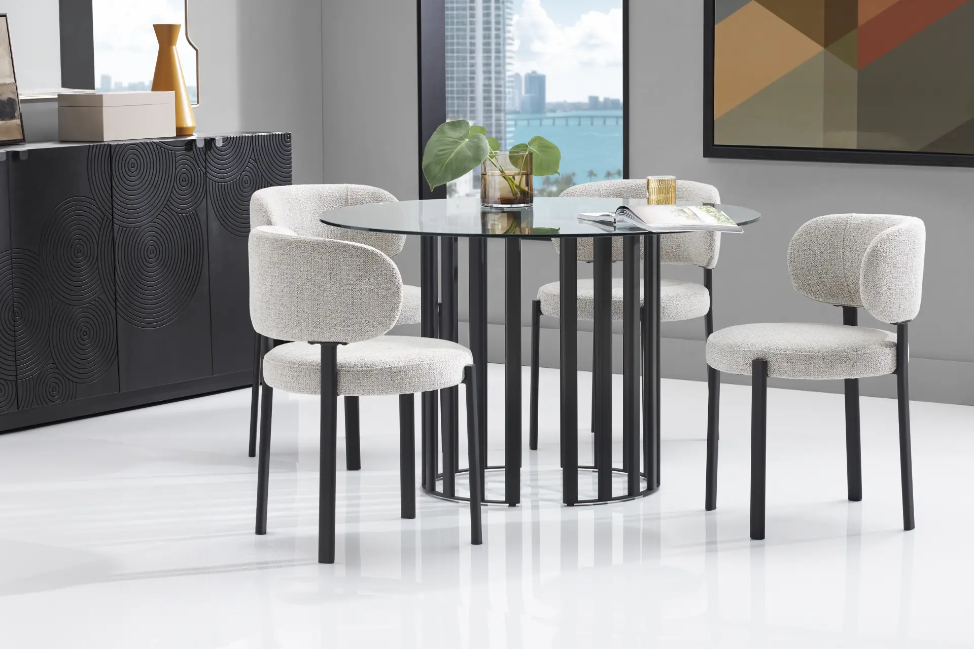 Cassia Black 5 Pc Round Dining Room with Gray Side Chairs