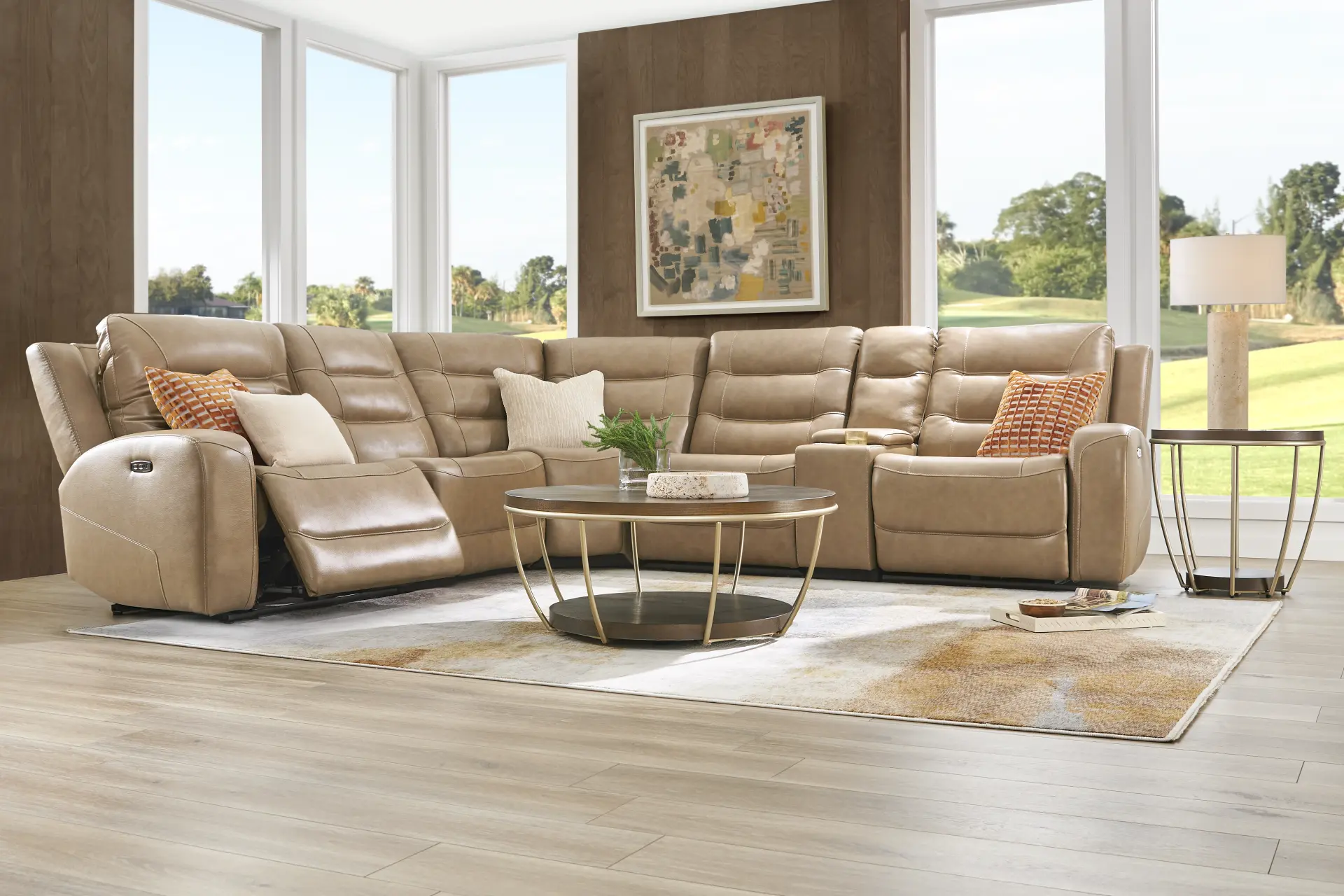 Montero Sand Leather 6 Pc Dual Power Reclining Sectional