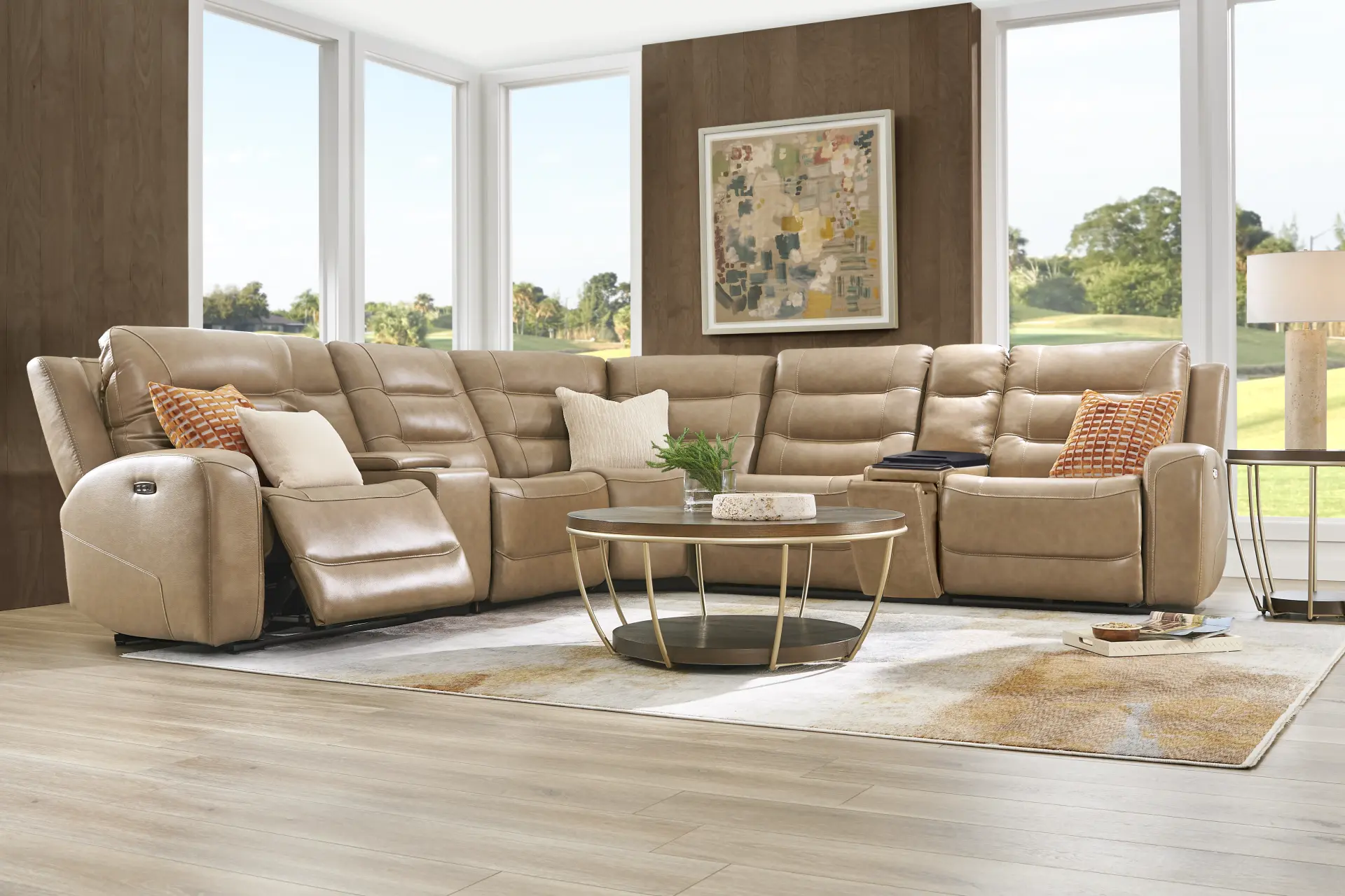 Montero Sand Leather 7 Pc Dual Power Reclining Sectional