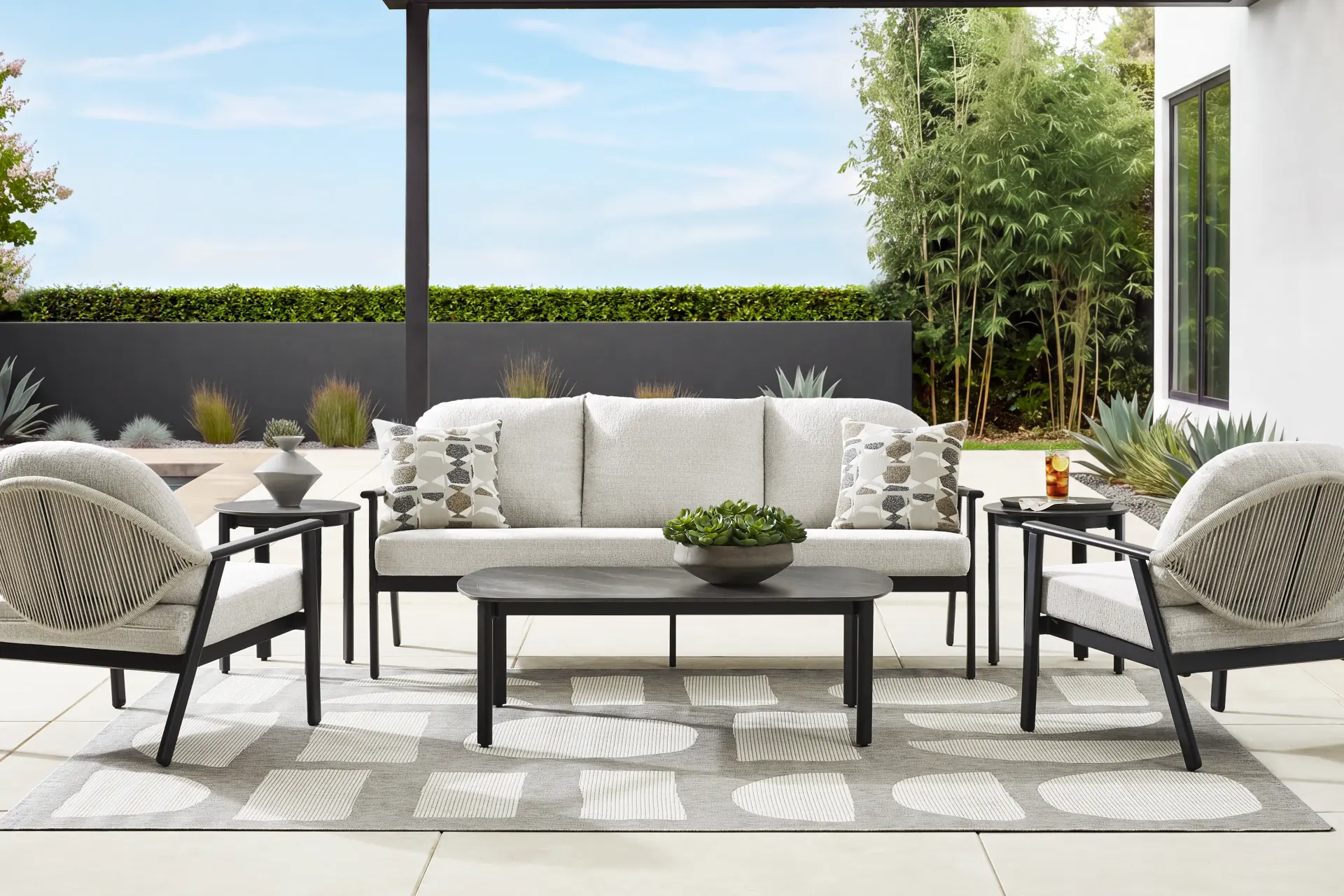 Porto Black 3 Pc Outdoor Seating Set with Beige Cushions