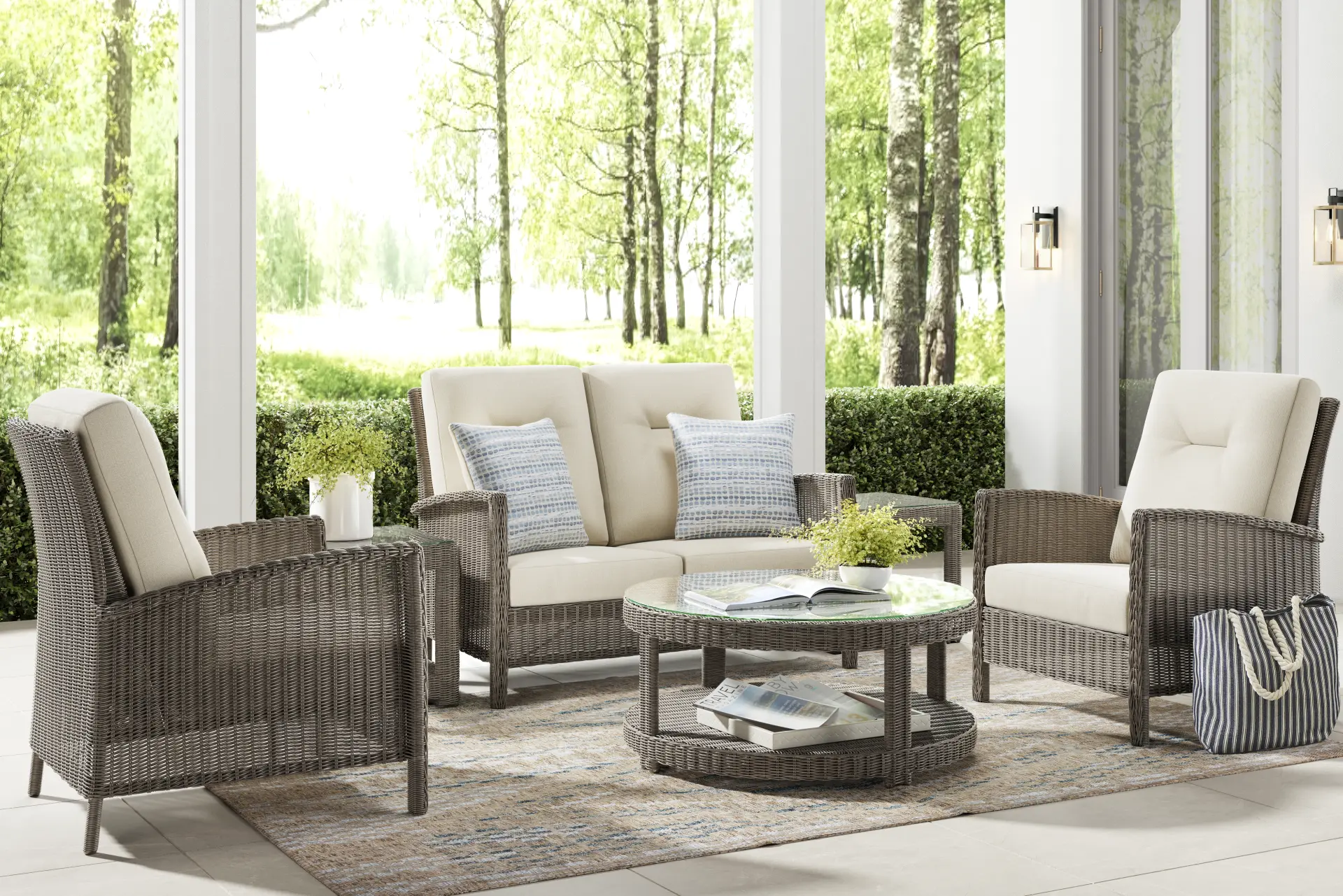 Forest Hills Gray 4 Pc Outdoor Loveseat Seating Set with Beige Cushions