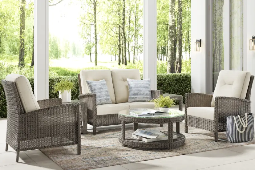 Forest Hills Gray 4 Pc Outdoor Loveseat Seating Set with Beige Cushions