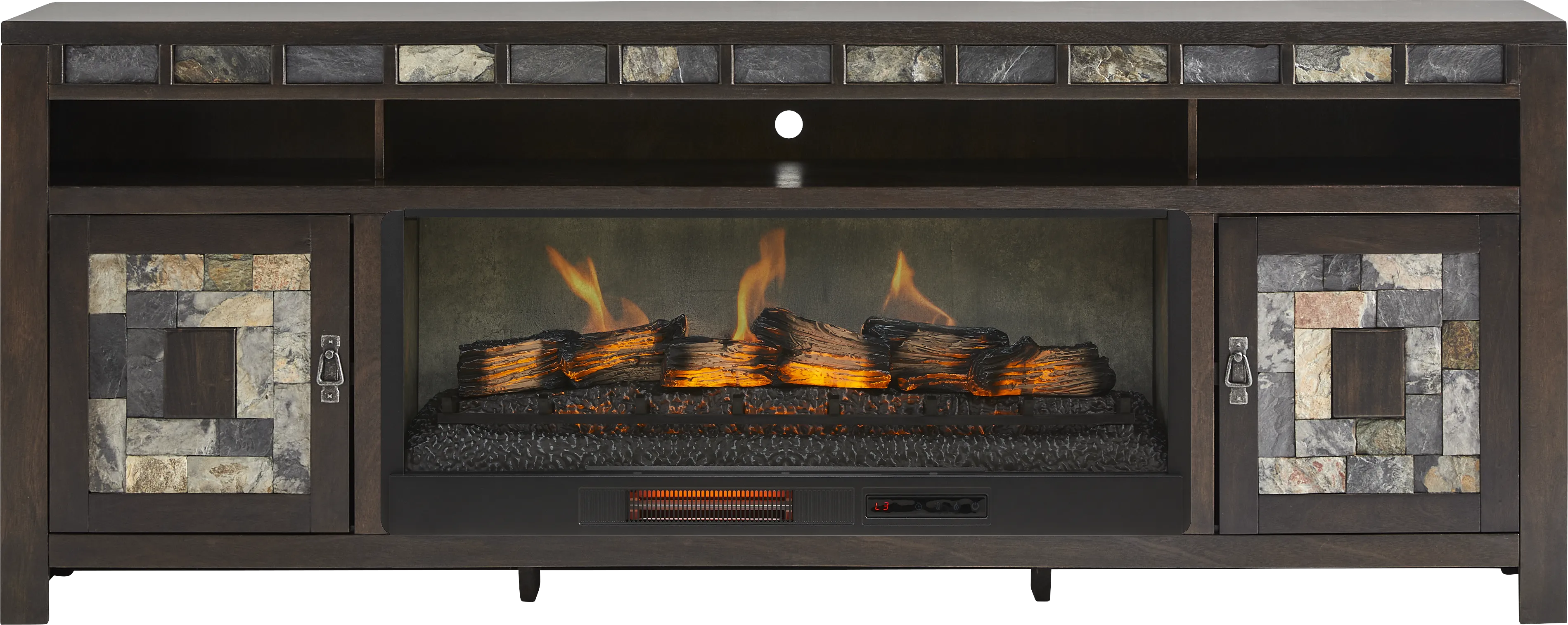 Highlands Saddle 83 in. Console with Electric Log Fireplace - Thumbnail - Image 1