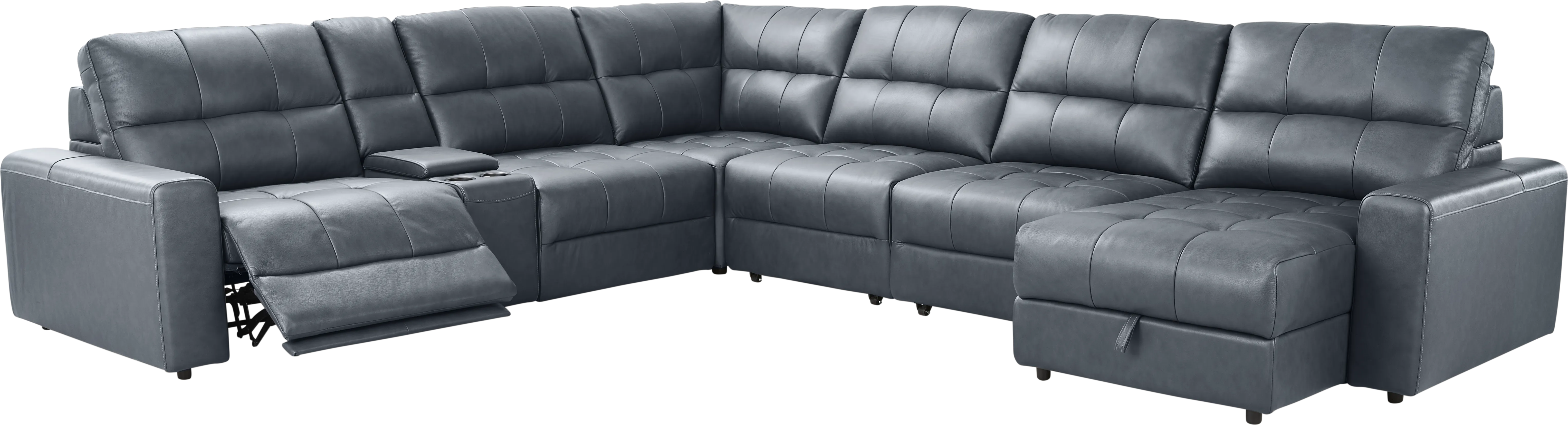 Meriwether Slate Blue Leather 7 Pc Power Slider Sectional - Thumbnail - Image 1