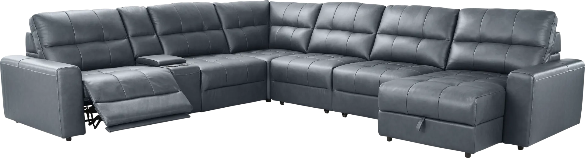 Meriwether Slate Blue Leather 7 Pc Power Slider Sectional - Image 1