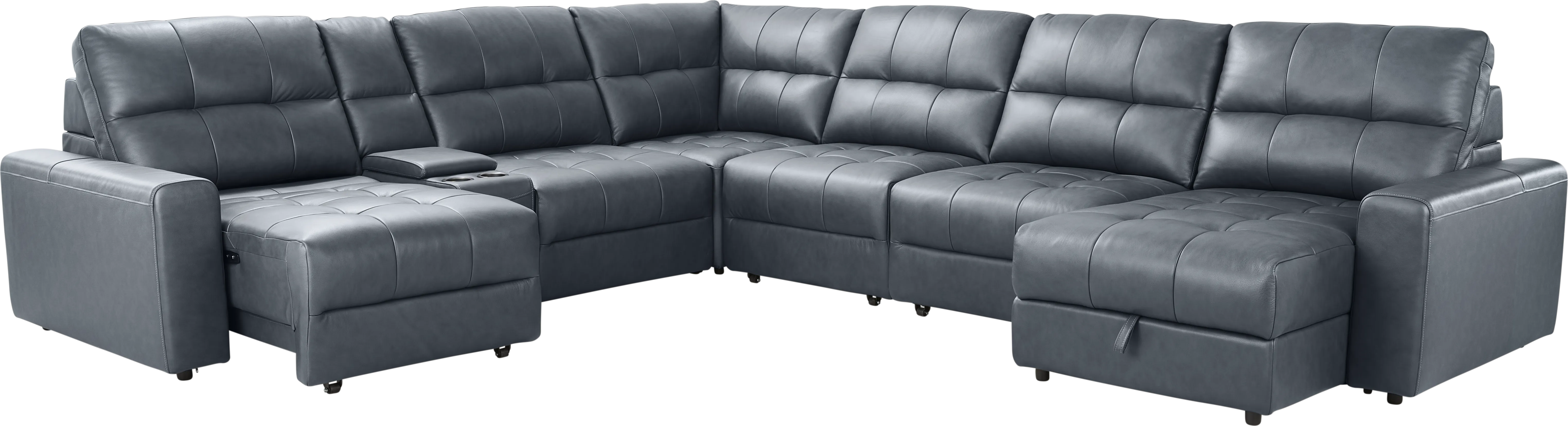 Meriwether Slate Blue Leather 7 Pc Power Slider Sectional - Thumbnail - Image 1