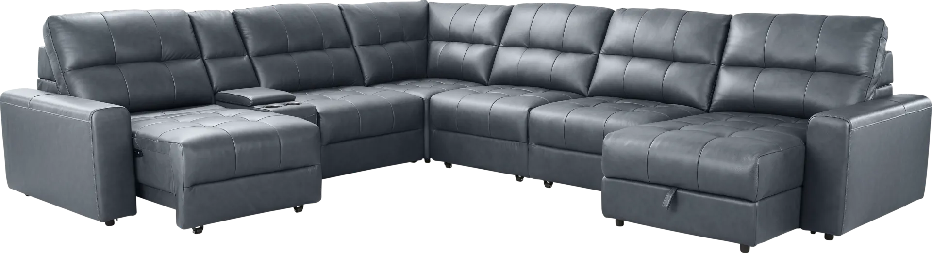 Meriwether Slate Blue Leather 7 Pc Power Slider Sectional - Image 1