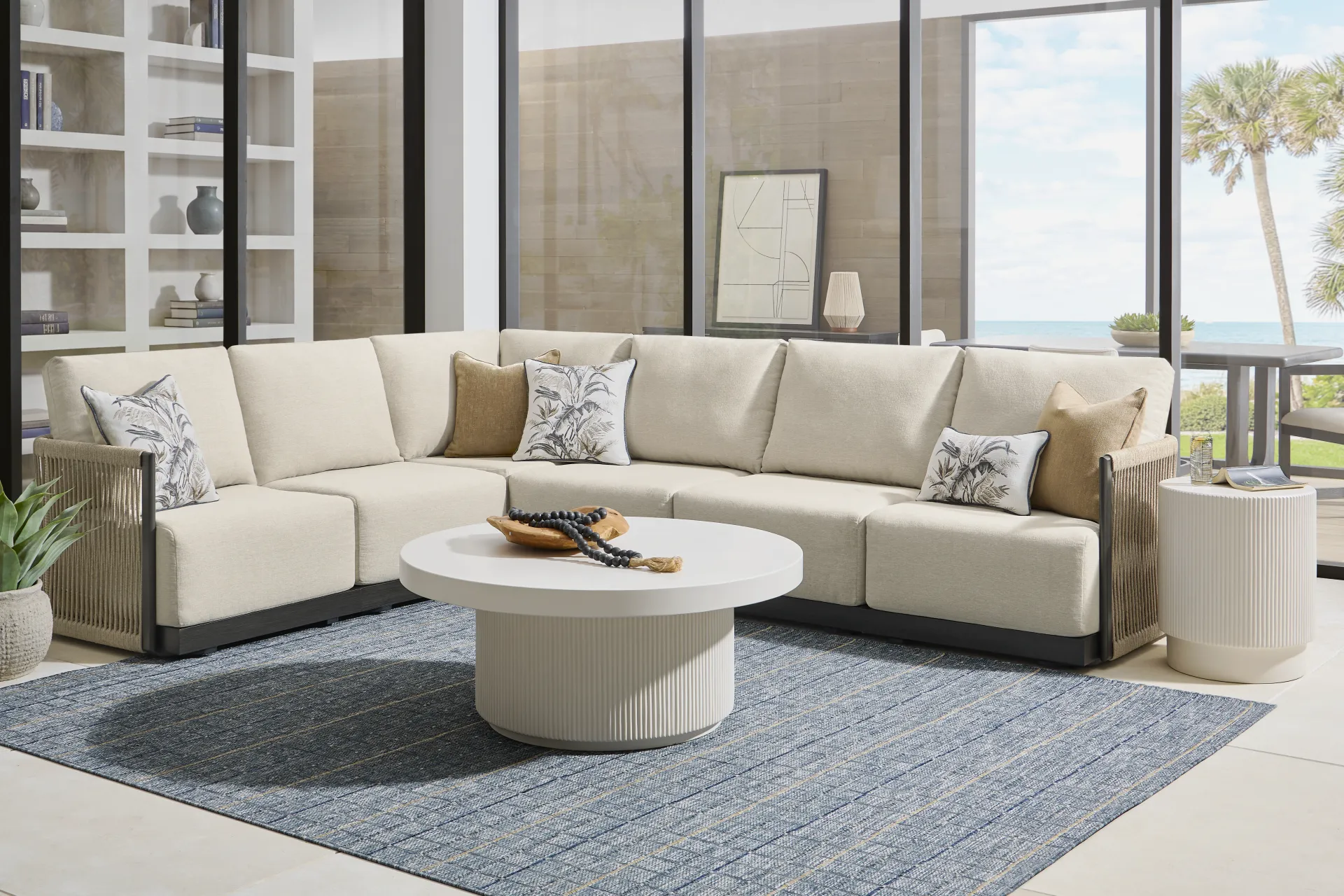 Lanai Black 6 Pc Outdoor Sectional with Cream Cushions - Image 1