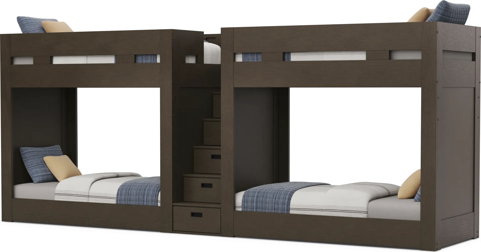 Kids Sierra Summit Brown Oak Twin Double Length Quad Step Bunk Bed - Image 1