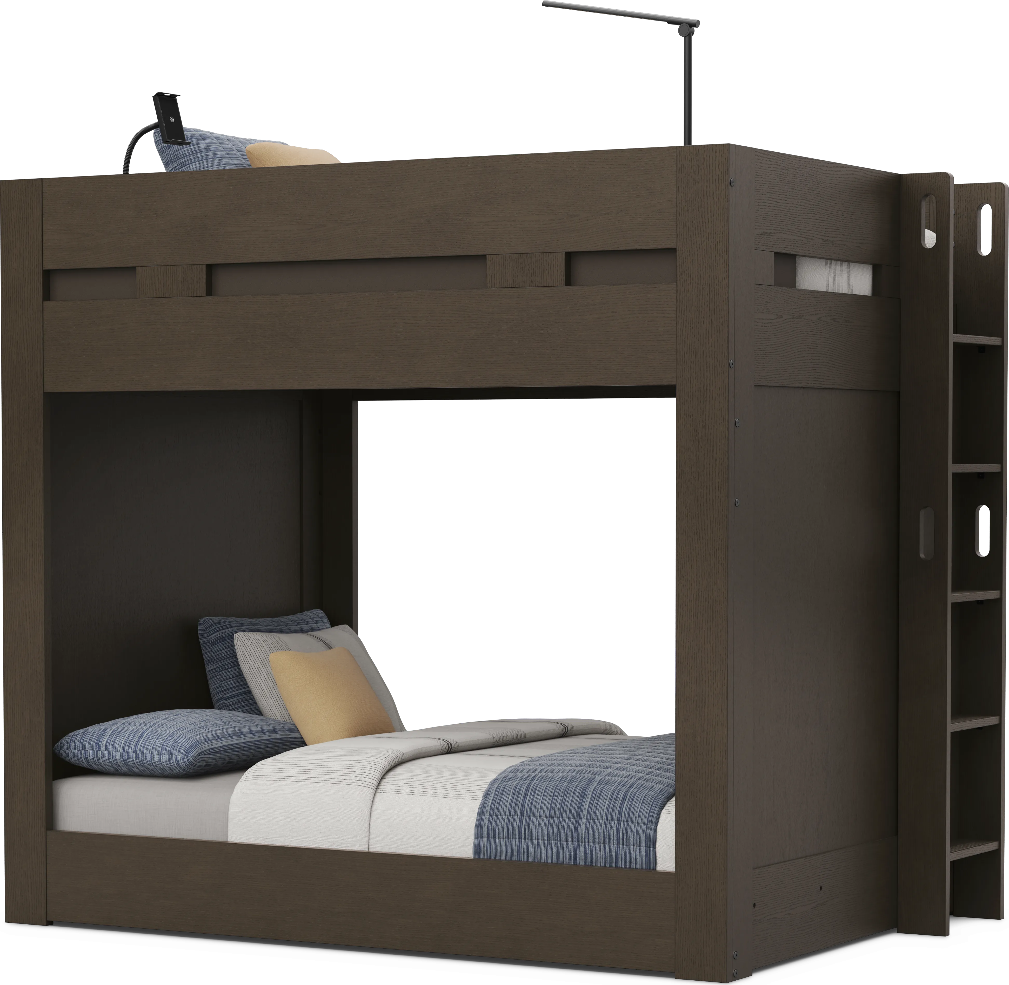 Kids Sierra Summit Brown Oak Twin/Full Bunk Bed with Tech Console and 2 Closed End Panels - Image 1