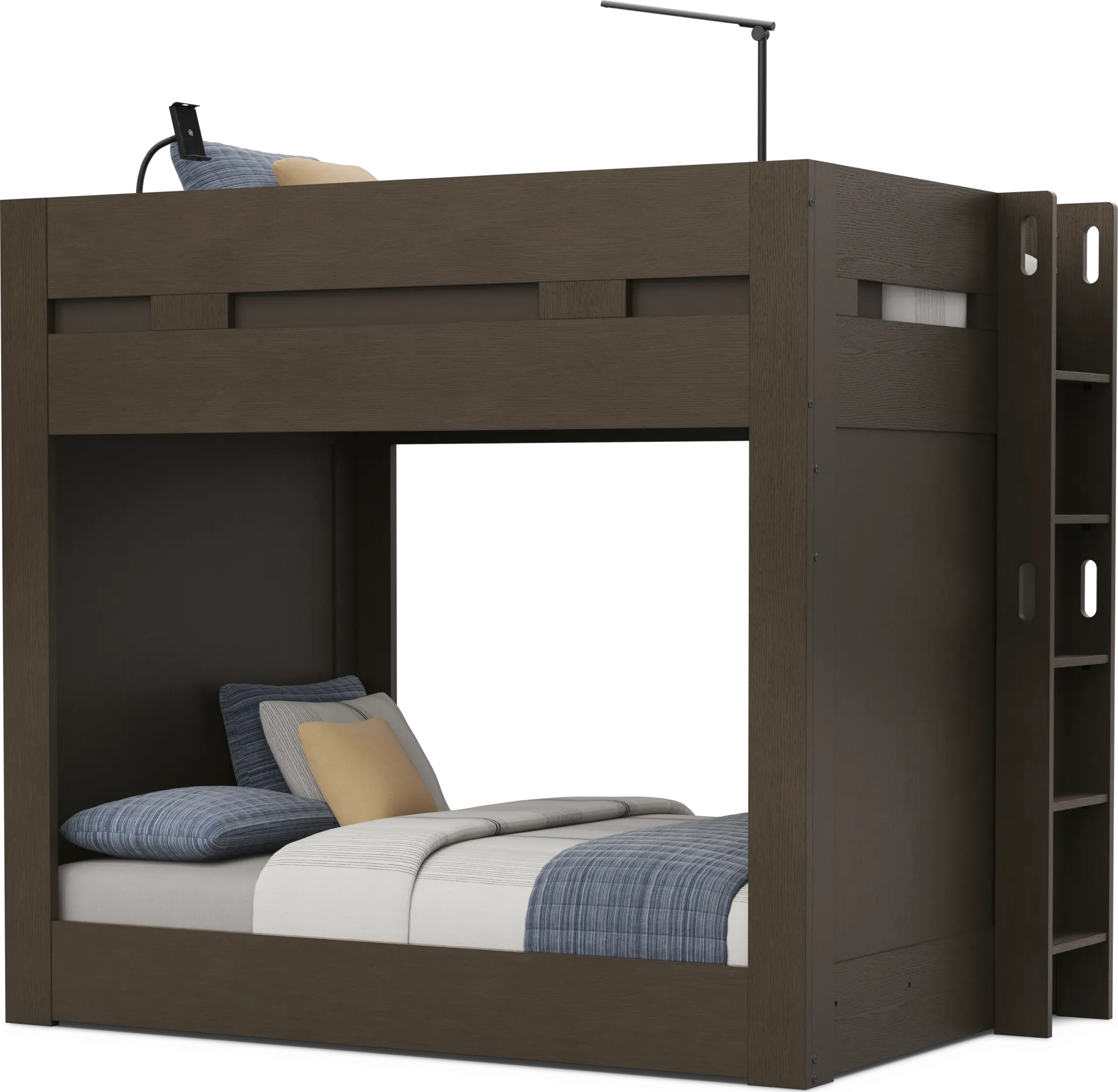 Kids Sierra Summit Brown Oak Twin/Full Bunk Bed with Tech Console and 2 Closed End Panels - Image 1
