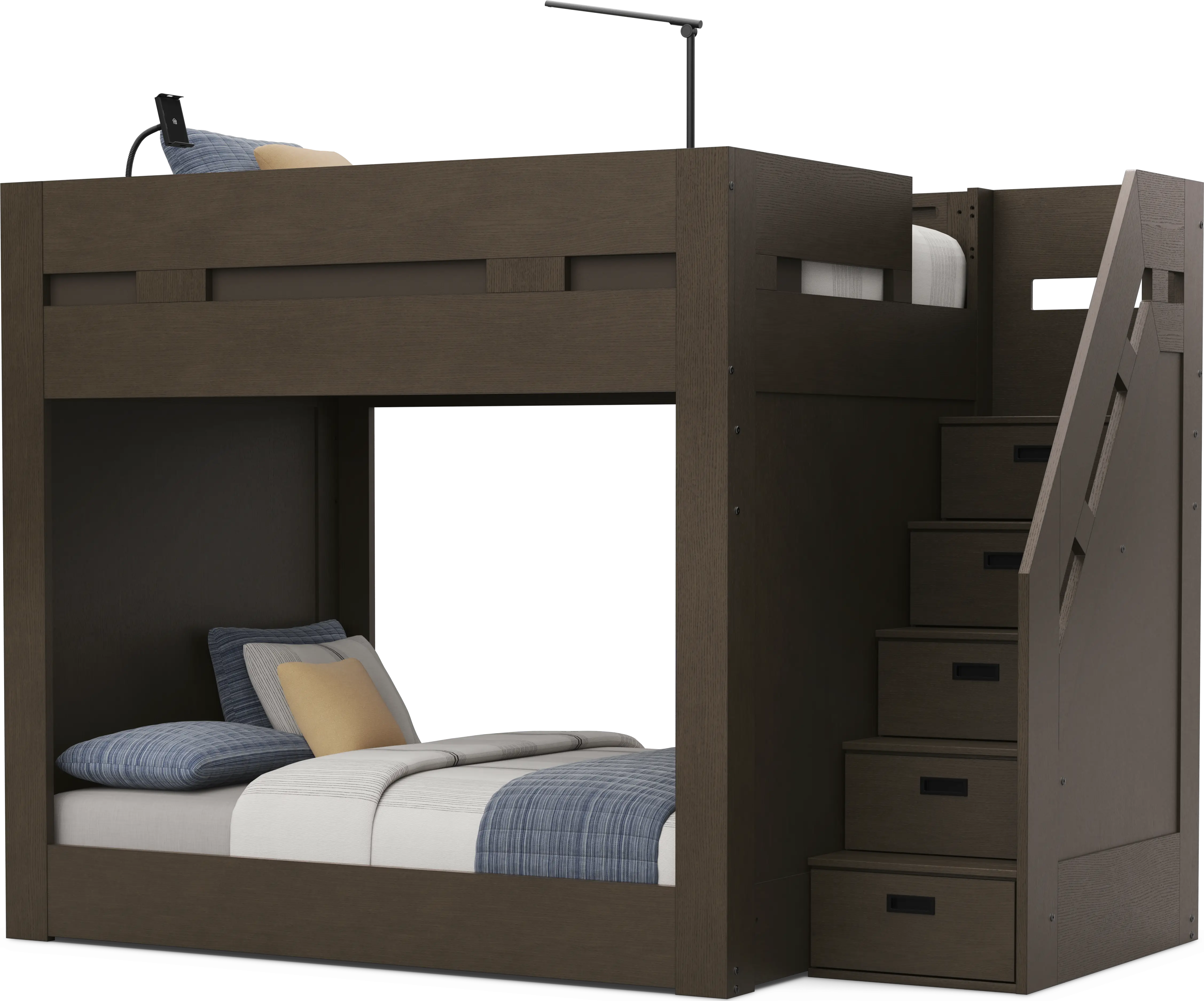 Kids Sierra Summit Brown Oak Twin/Full Step Bunk Bed with 1 Tech Console and 2 Closed End Panels - Image 2