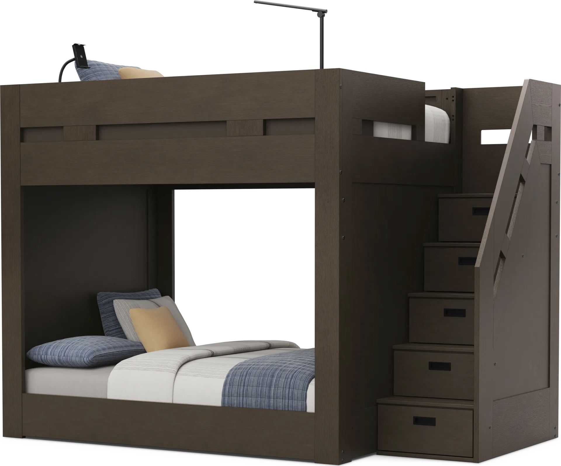 Kids Sierra Summit Brown Oak Twin/Full Step Bunk Bed with 1 Tech Console and 2 Closed End Panels - Image 2