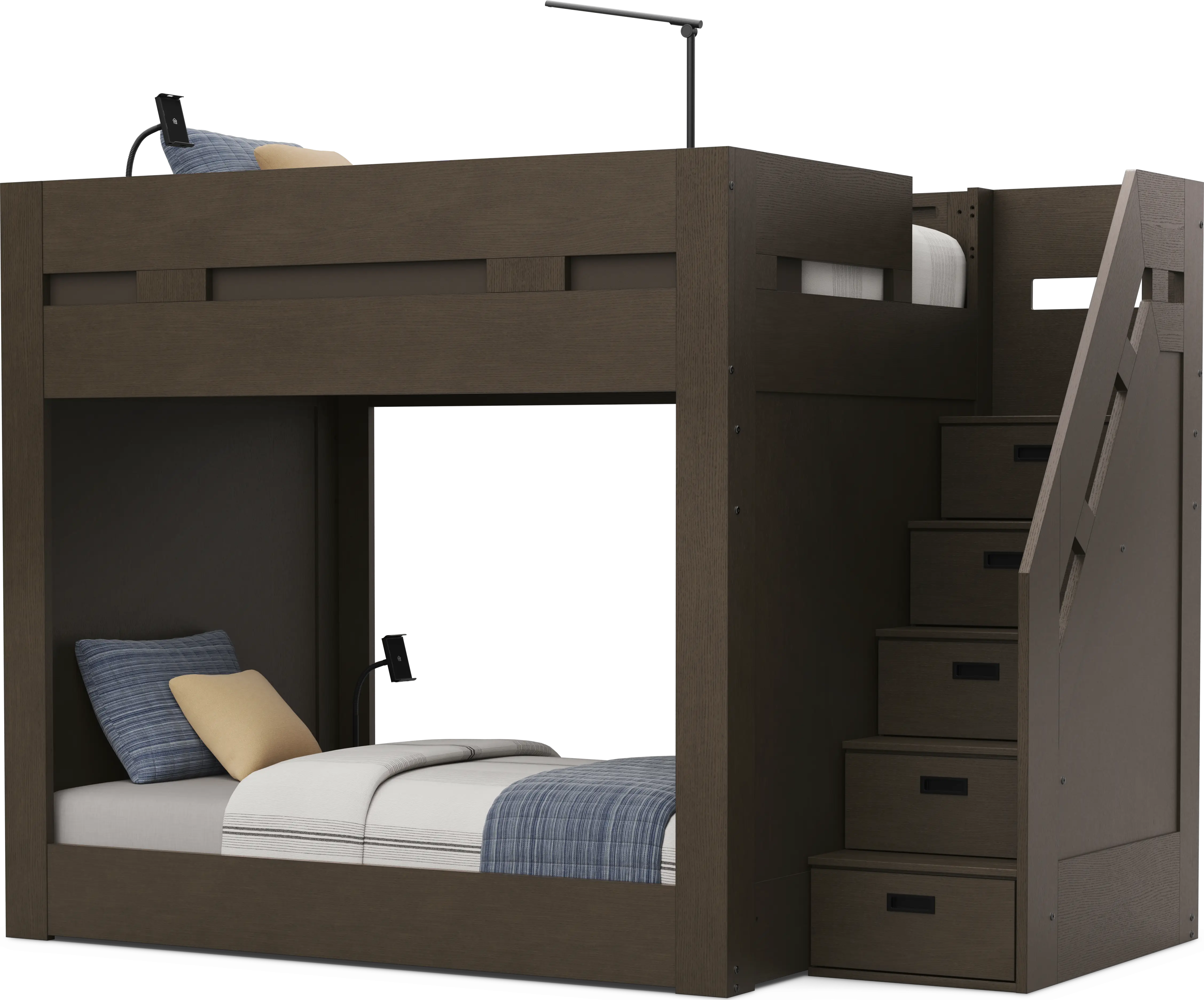 Kids Sierra Summit Brown Oak Twin/Twin Step Bunk Bed with 2 Tech Consoles and 2 Closed End Panels - Image 2