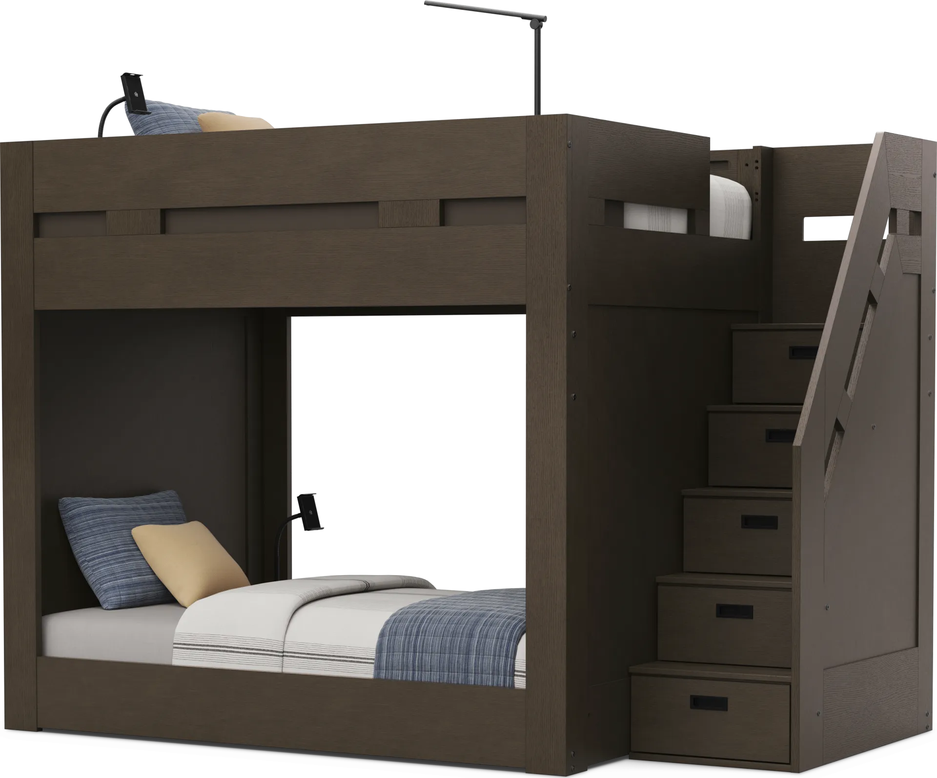 Kids Sierra Summit Brown Oak Twin/Twin Step Bunk Bed with 2 Tech Consoles and 2 Closed End Panels - Image 2