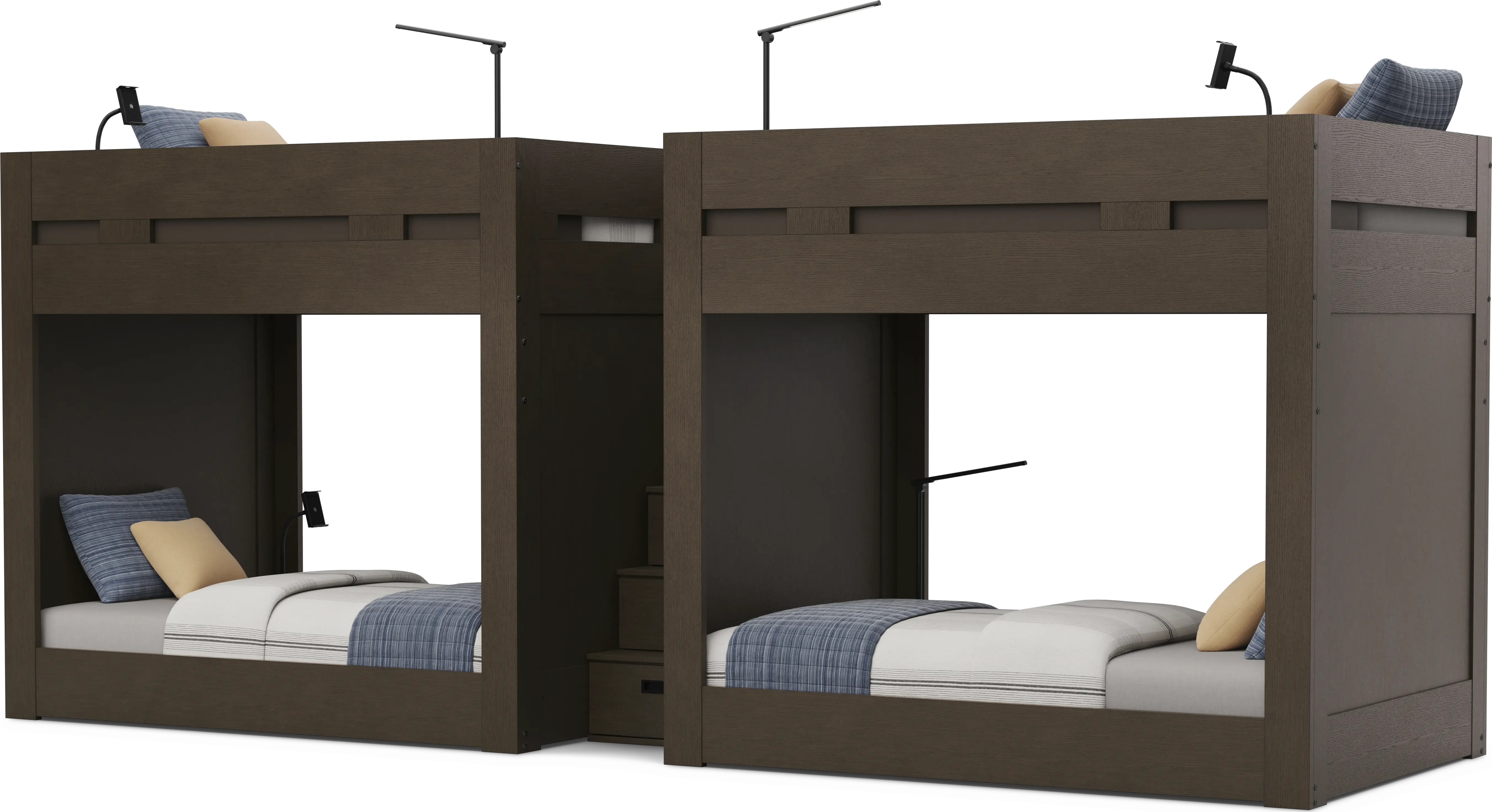 Kids Sierra Summit Brown Oak Twin/Twin Double Length Quad Step Bunk Bed with 4 Tech Consoles - Thumbnail - Image 1