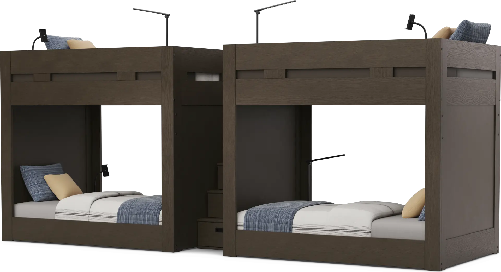 Kids Sierra Summit Brown Oak Twin/Twin Double Length Quad Step Bunk Bed with 4 Tech Consoles