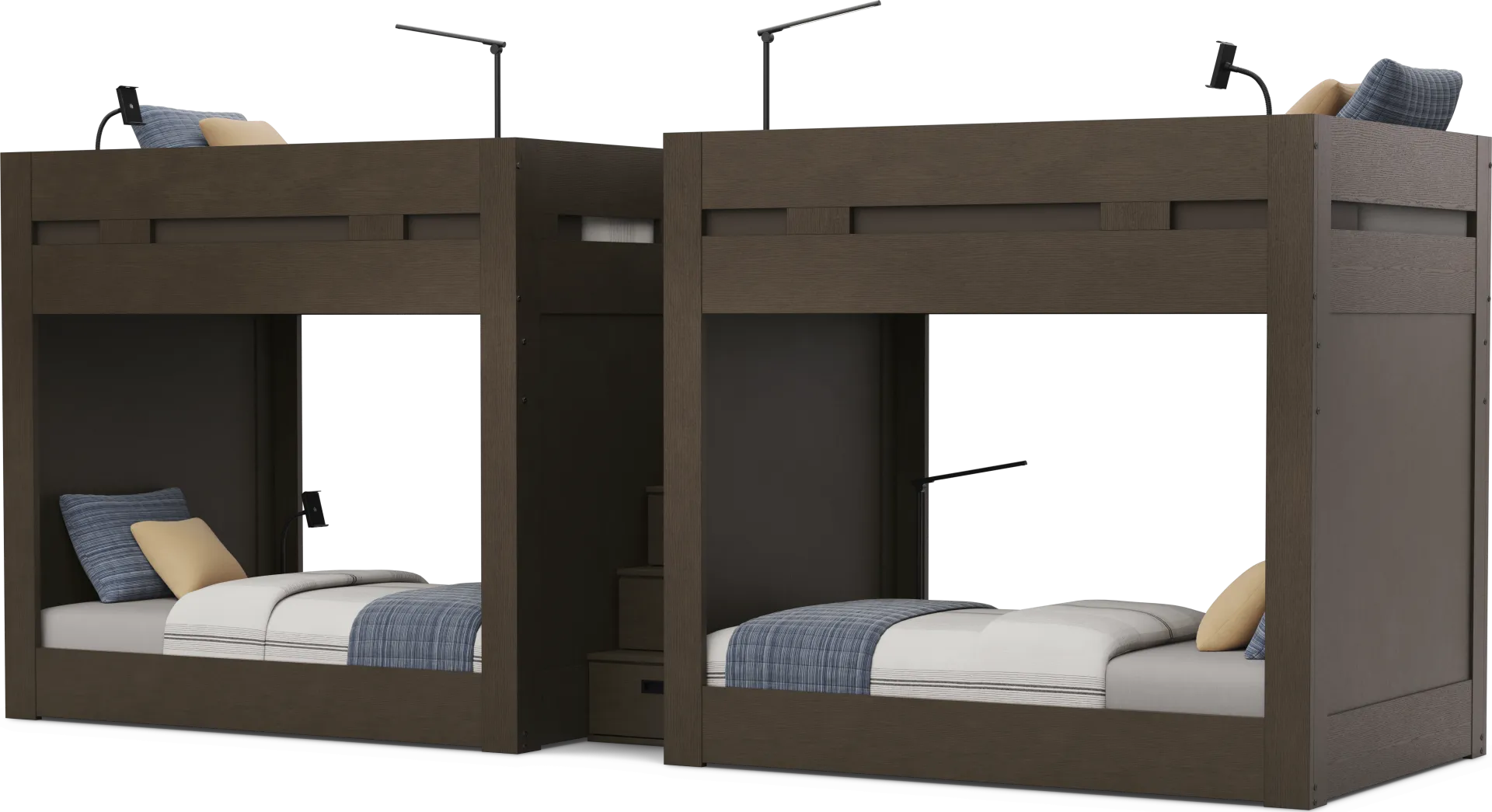 Kids Sierra Summit Brown Oak Twin/Twin Double Length Quad Step Bunk Bed with 4 Tech Consoles - Image 1