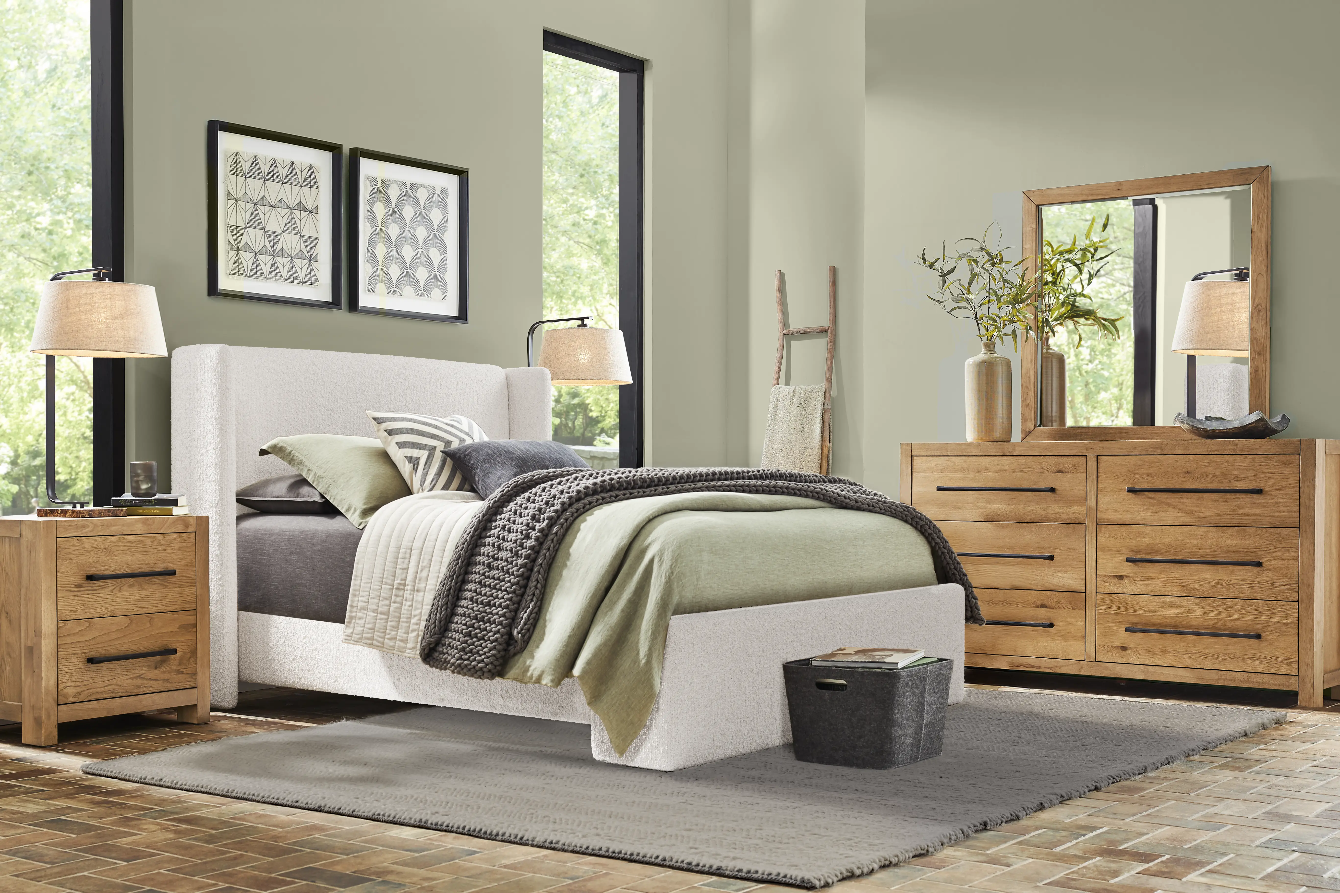 Ithaca Natural 5 Pc Bedroom with Sydney White Queen Upholstered Bed - Image 1