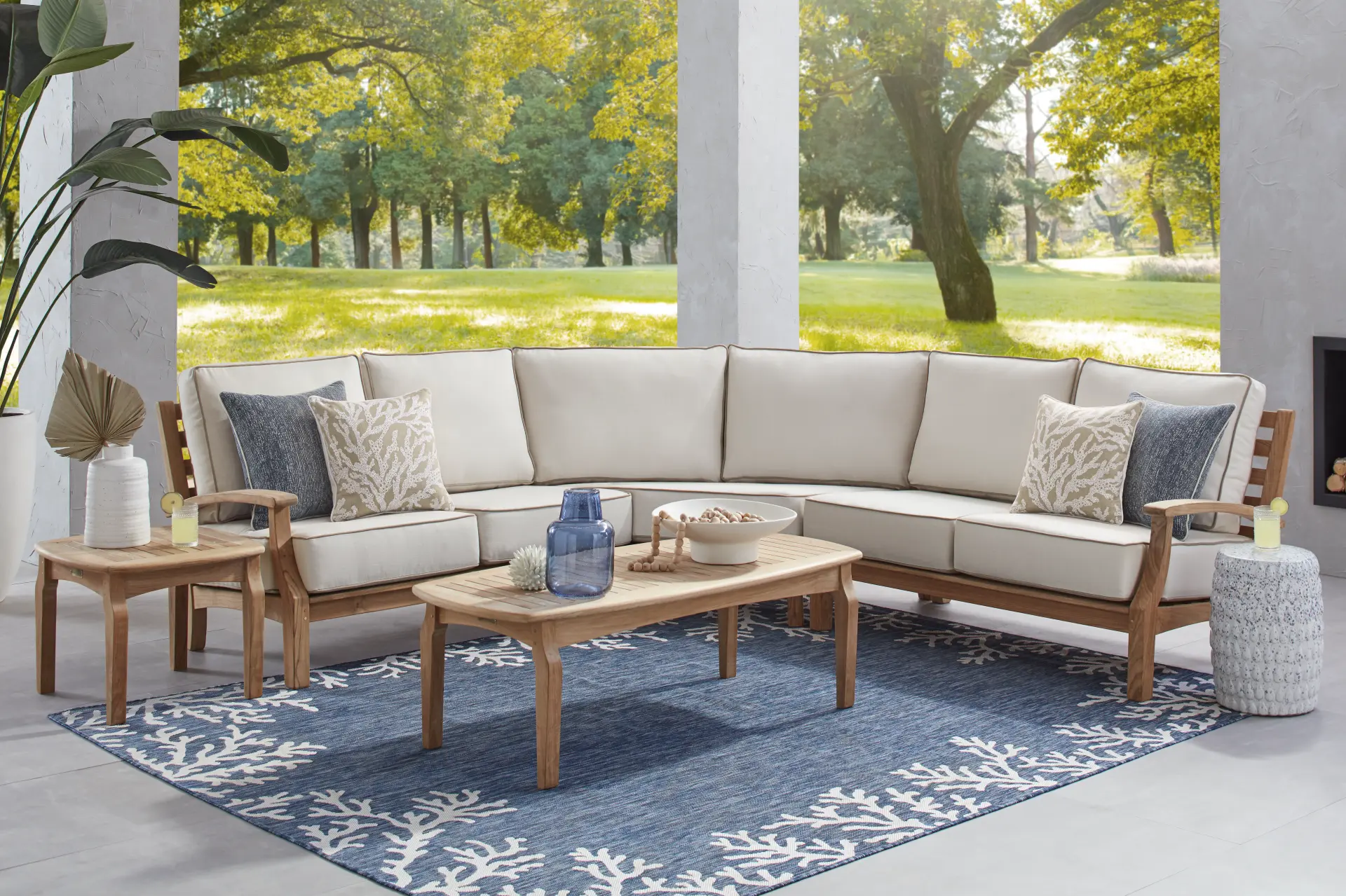 Pleasant Bay Teak 3 Pc Outdoor Sectional with Vapor Cushions