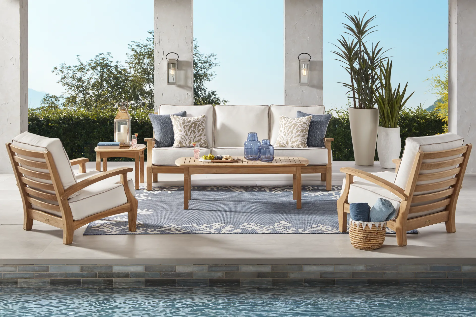 Pleasant Bay Teak 4 Pc Outdoor Seating Set with Vapor Cushions - Image 1