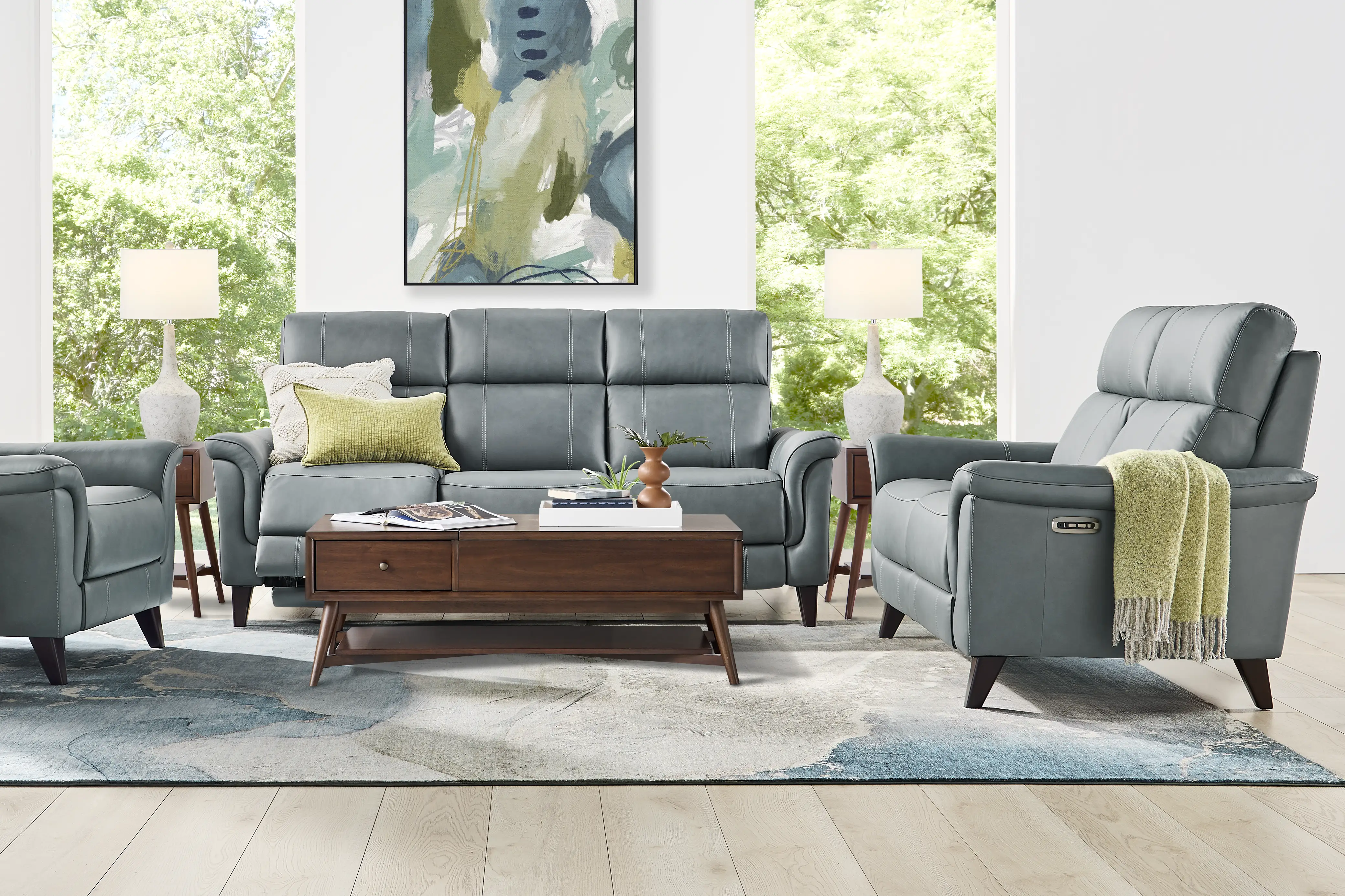 Antonella Blue Leather 7 Pc Dual Power Reclining Living Room - Thumbnail - Image 1
