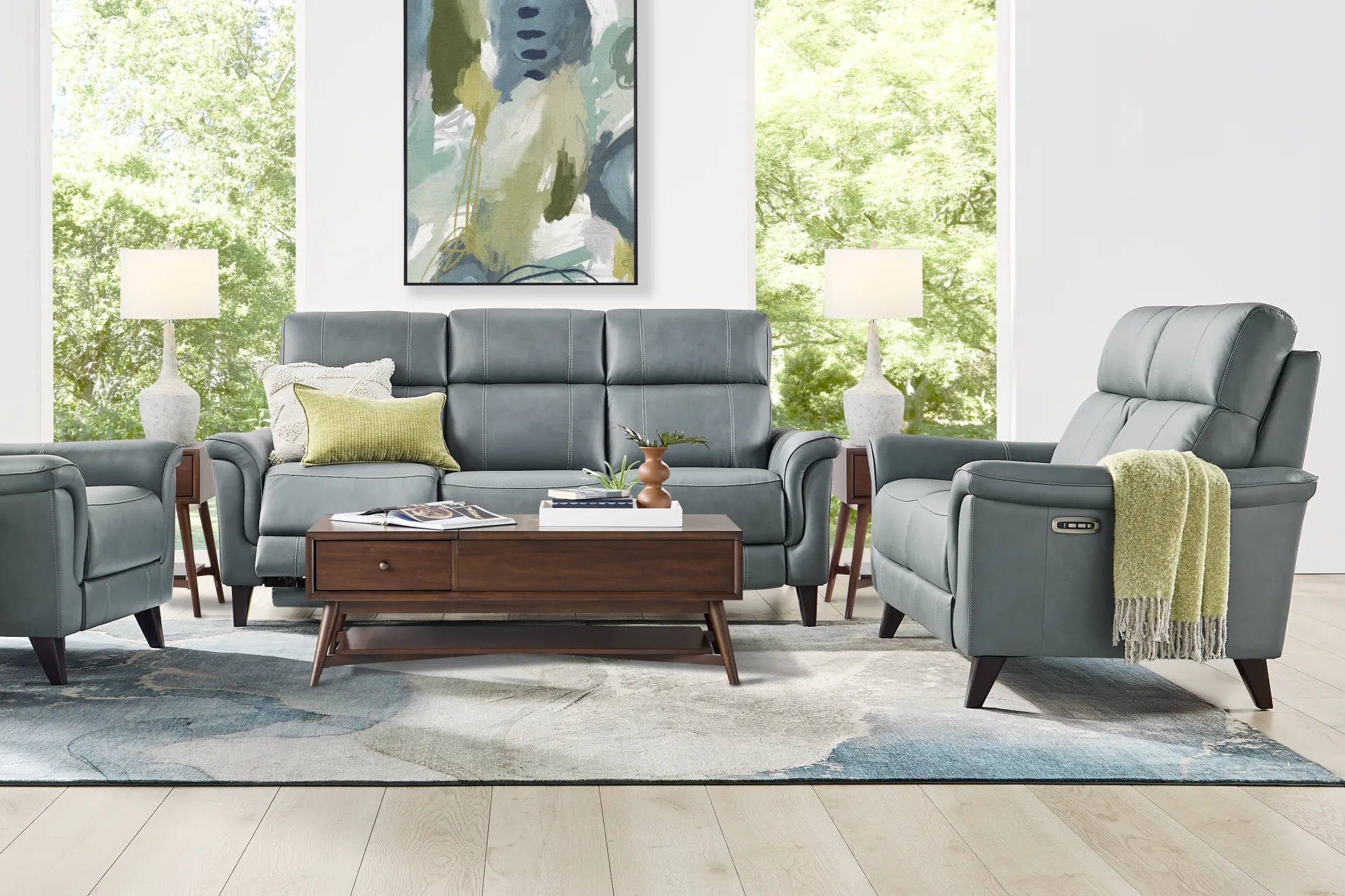 Antonella Blue Leather 7 Pc Dual Power Reclining Living Room - Image 1