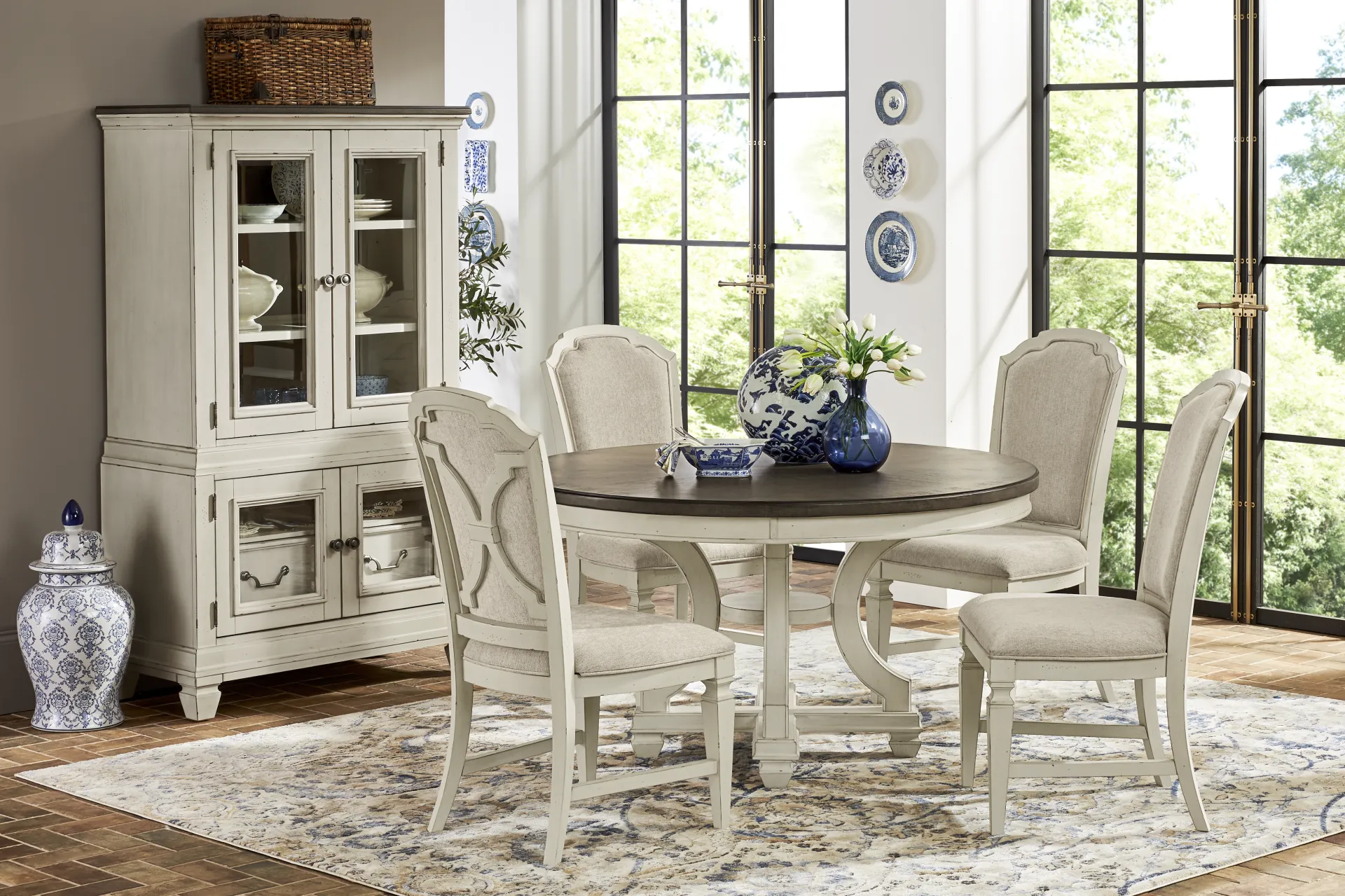 Provence Brown 5 Pc Round Dining Room with Upholstered Chairs - Image 1