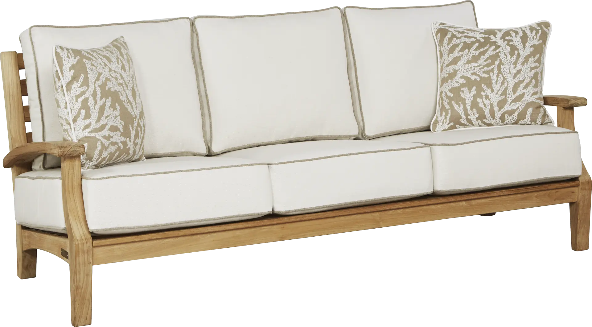 Pleasant Bay Teak Outdoor Sofa with White Sand Cushions