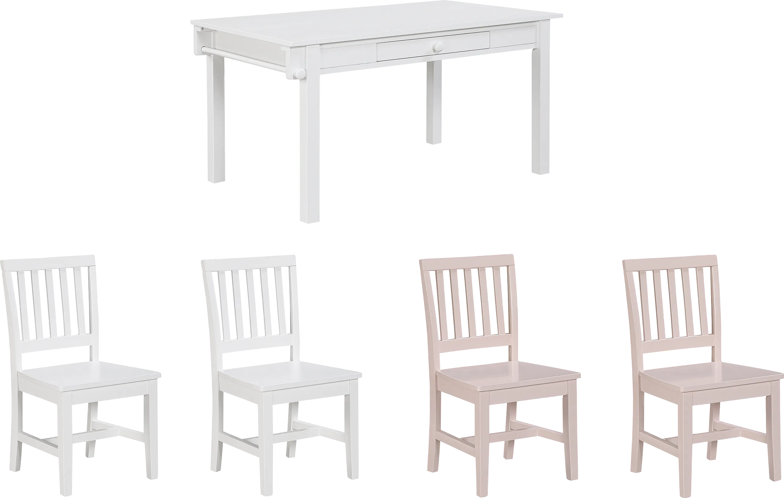 Kids Schoolhouse White Creativity Table with 2 White Chairs and 2 Pink Chairs - Image 1
