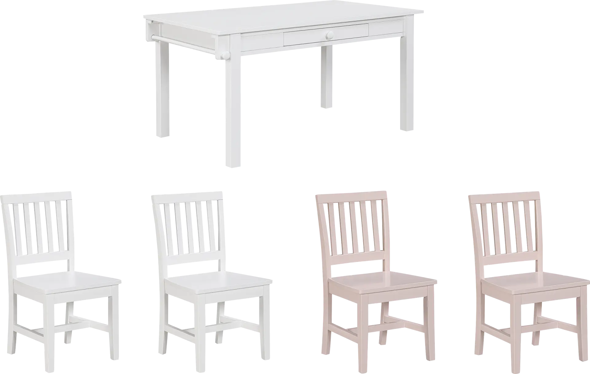 Kids Schoolhouse White Creativity Table with 2 White Chairs and 2 Pink Chairs