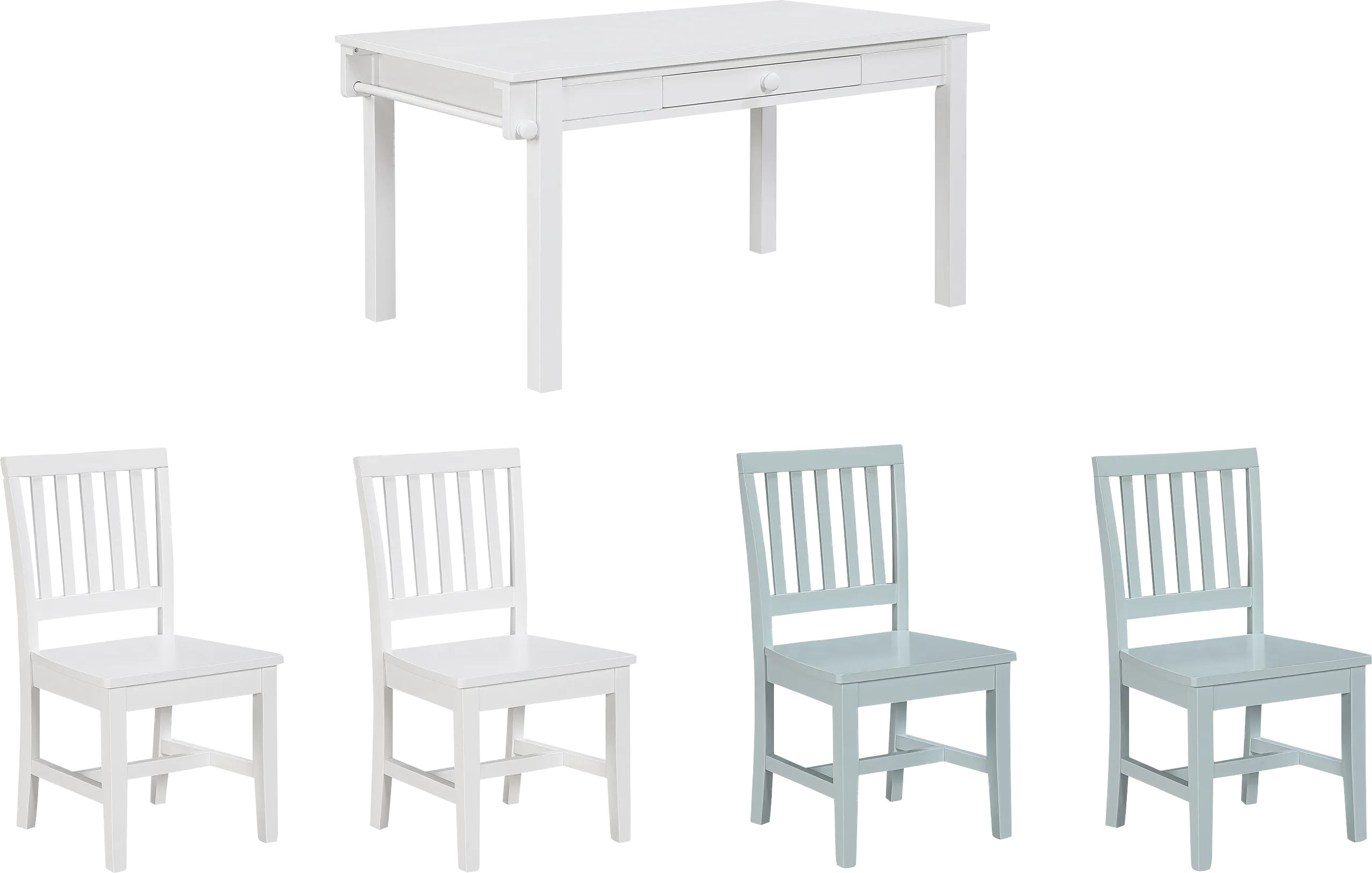 Kids Schoolhouse White Creativity Table with 2 White Chairs and 2 Light Blue Chairs - Image 1