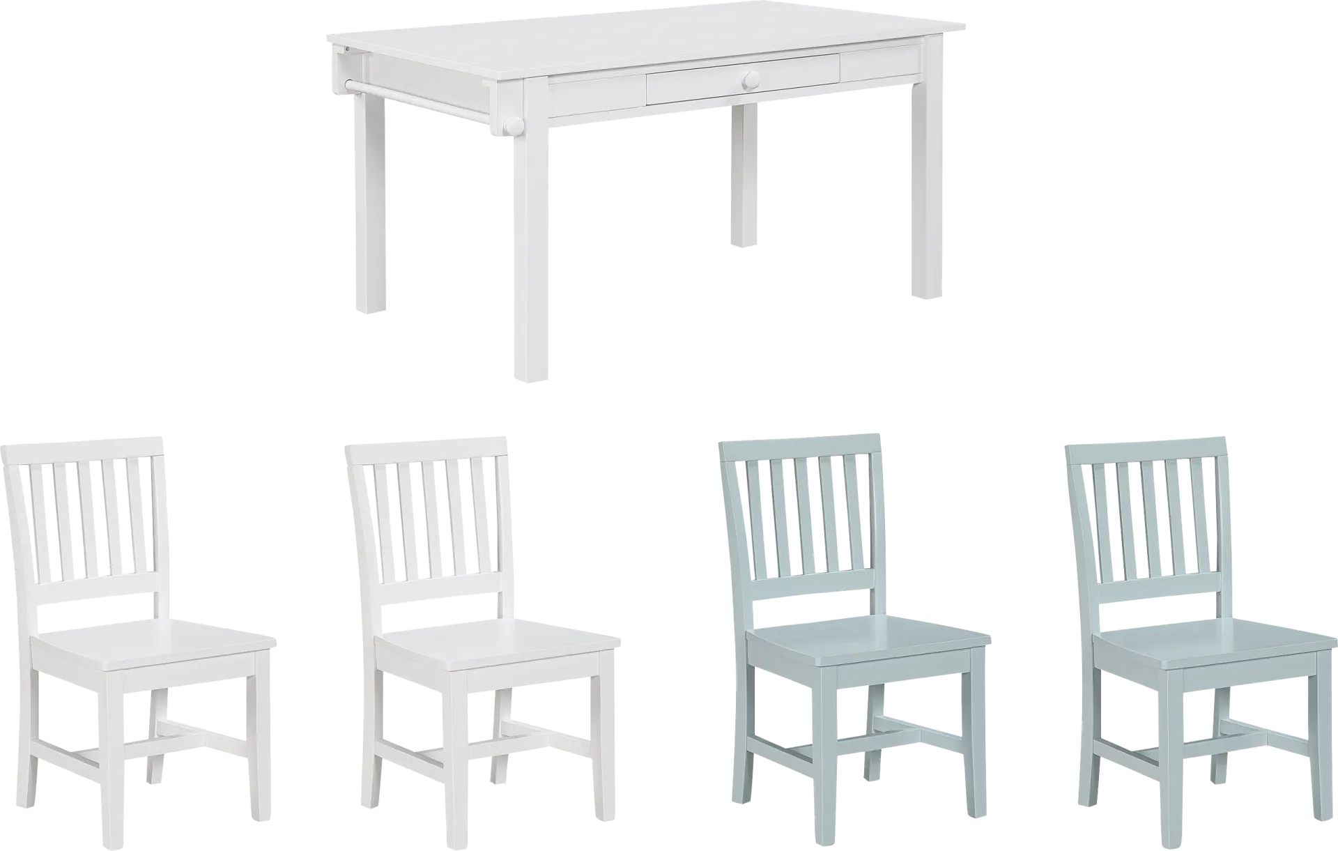 Kids Schoolhouse White Creativity Table with 2 White Chairs and 2 Light Blue Chairs - Image 1