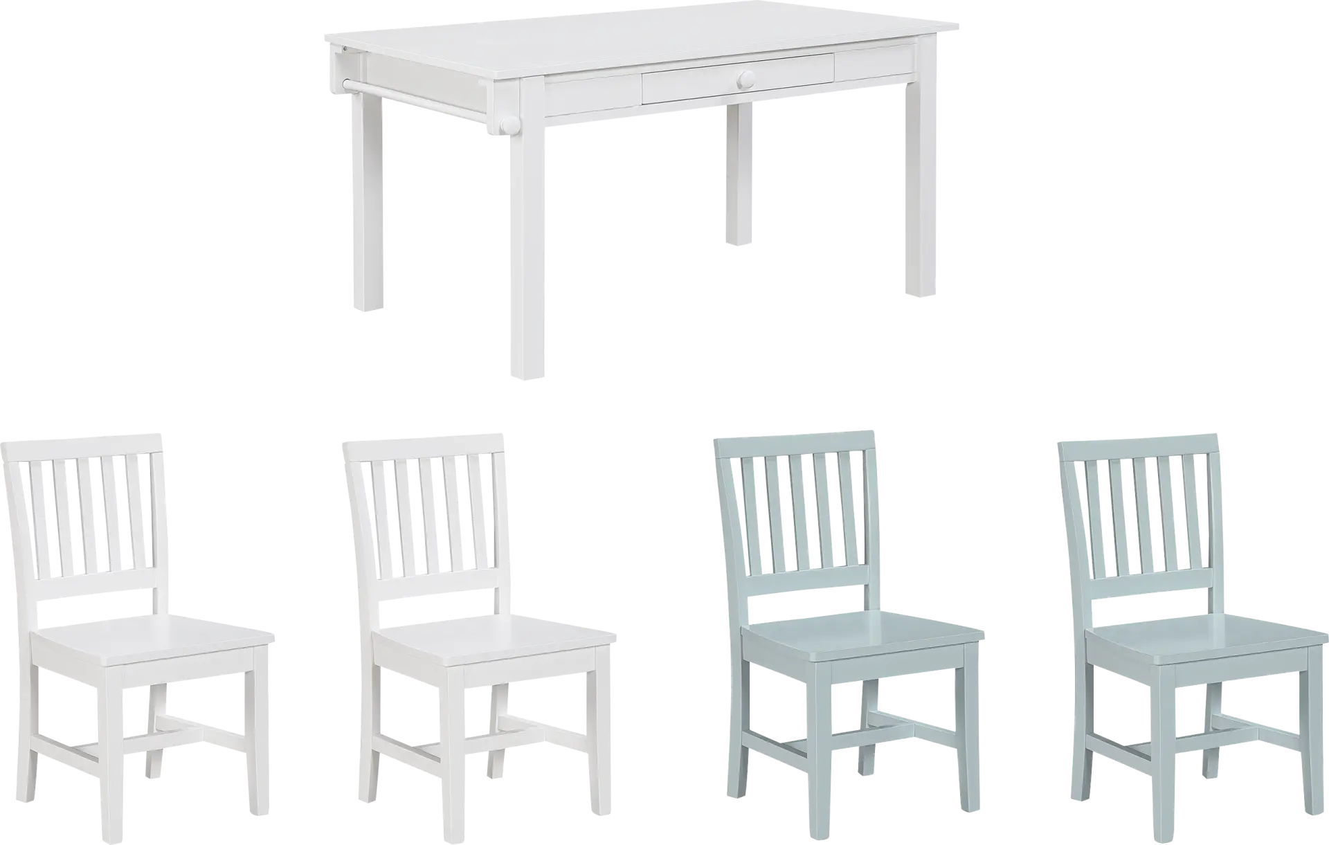 Kids Schoolhouse White Creativity Table with 2 White Chairs and 2 Light Blue Chairs
