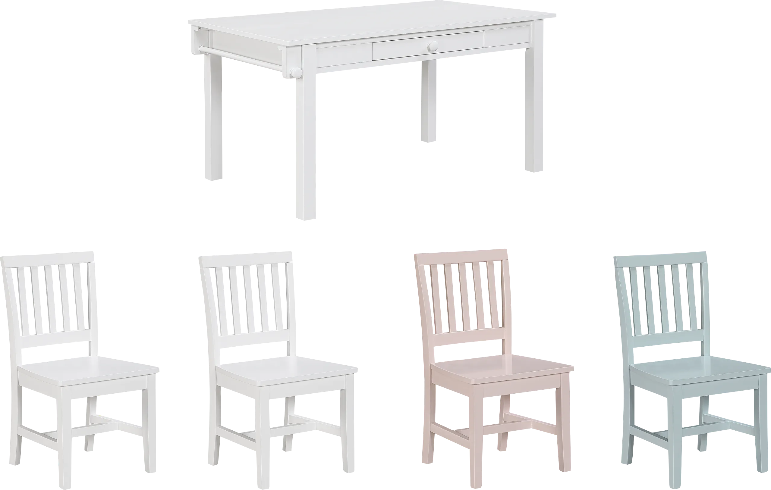 Kids Schoolhouse White Creativity Table with 2 White Chairs, 1 Light Blue Chair and 1 Pink Chair - Image 1