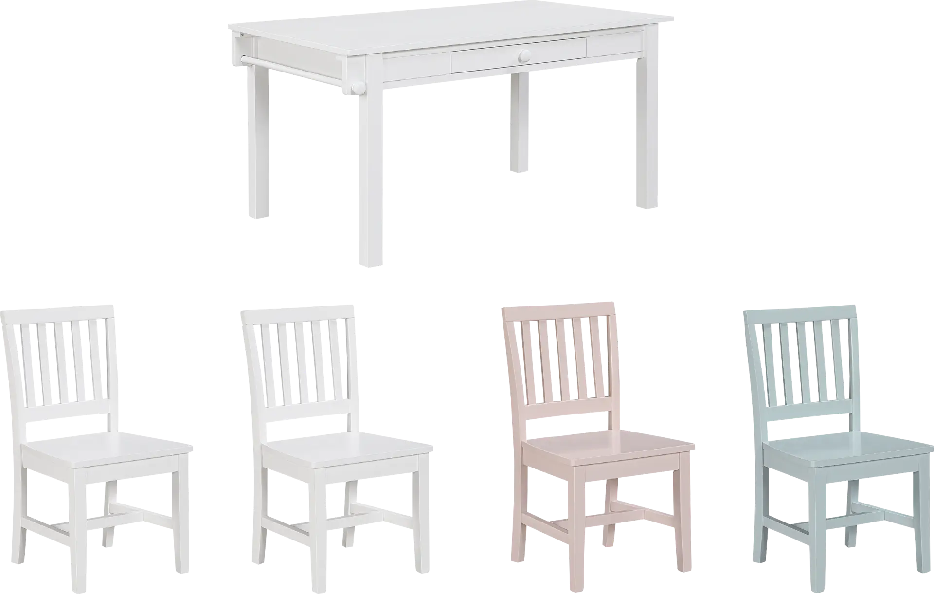 Kids Schoolhouse White Creativity Table with 2 White Chairs, 1 Light Blue Chair and 1 Pink Chair