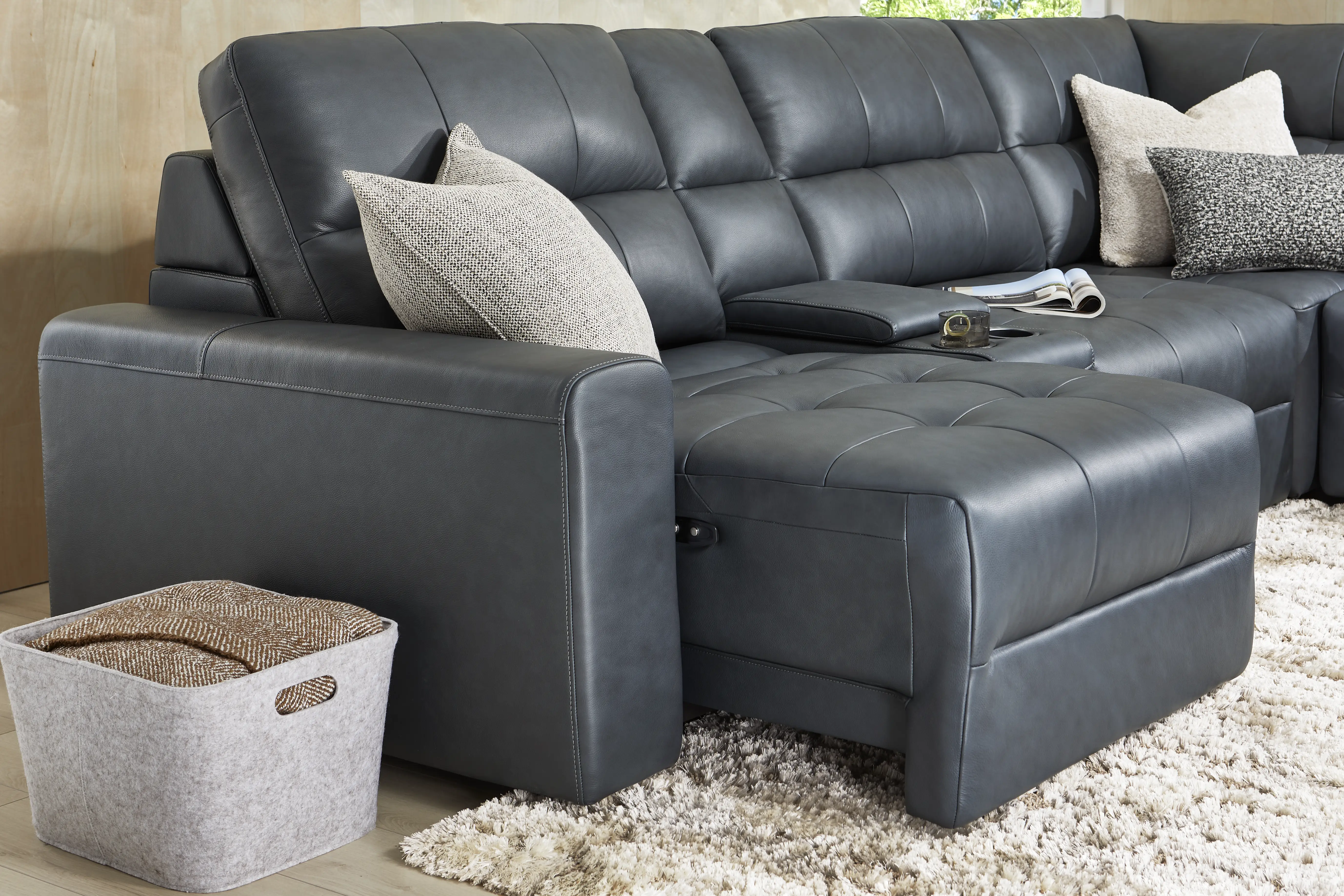 Meriwether Slate Blue Leather 7 Pc Power Slider Sectional - Image 12