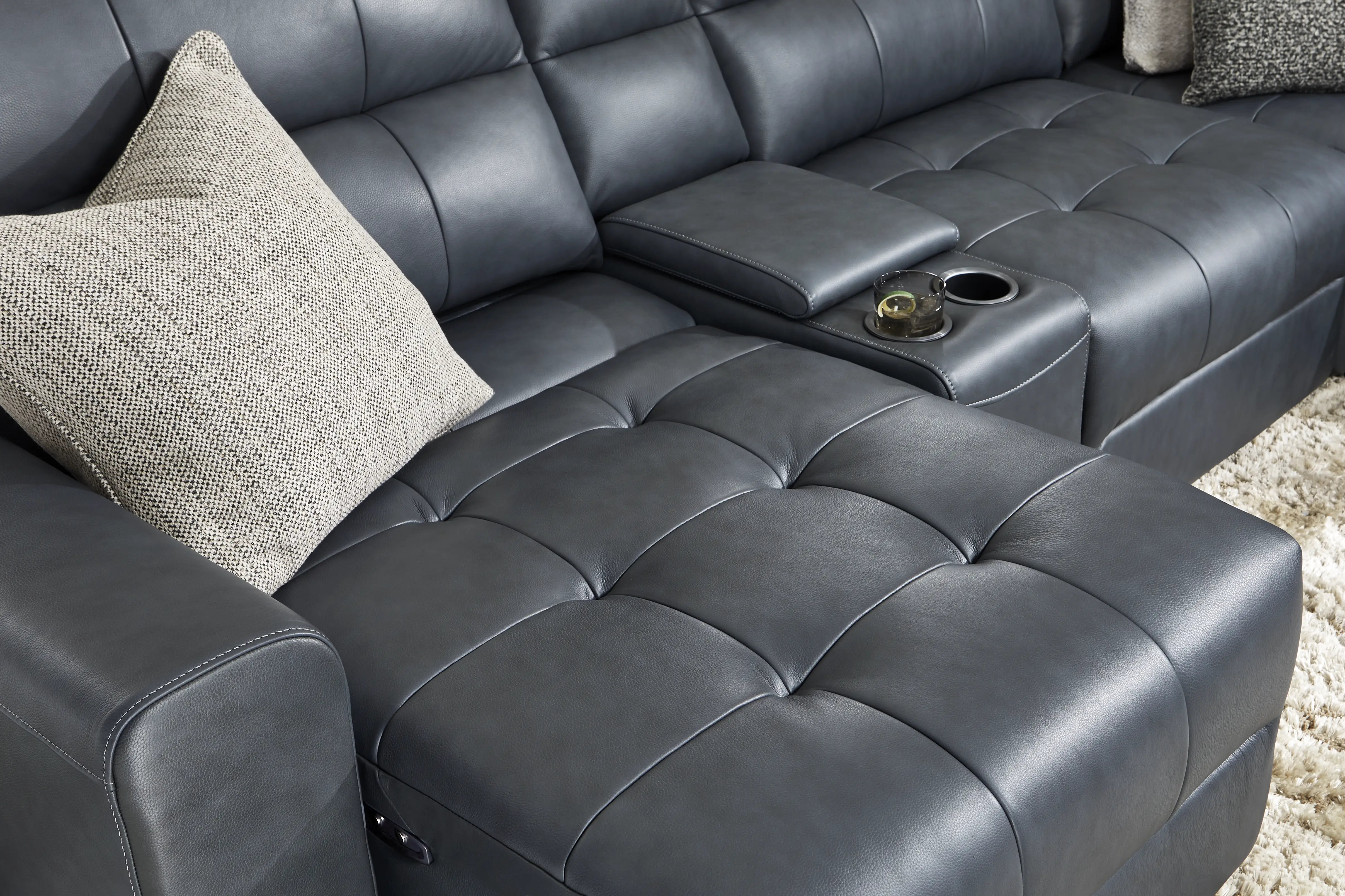 Meriwether Slate Blue Leather 7 Pc Power Slider Sectional - Image 14