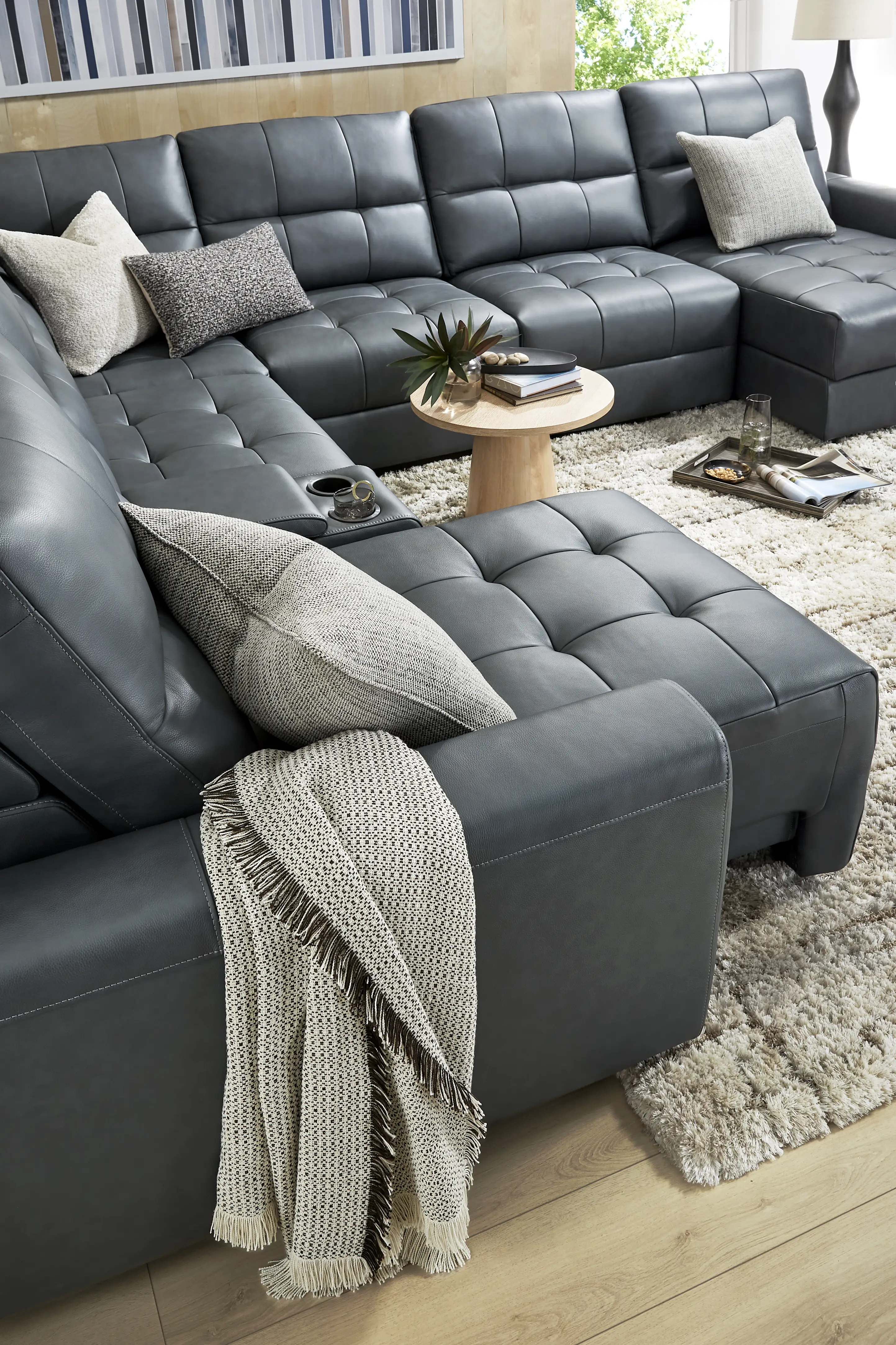 Meriwether Slate Blue Leather 7 Pc Power Slider Sectional - Image 16