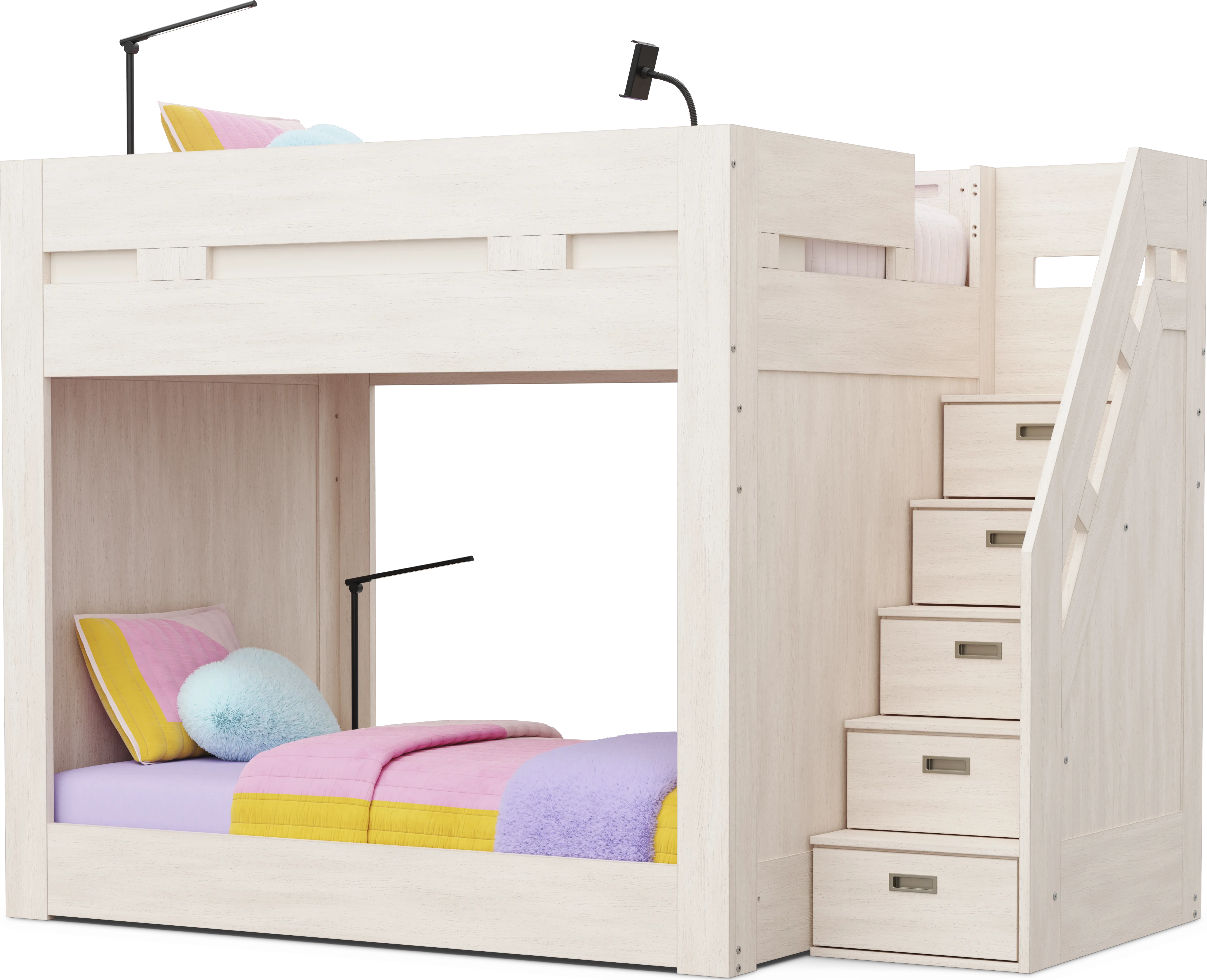 Kids Sierra Summit Linen Twin/Twin Step Bunk Bed with 2 Tech Consoles and 2 Closed End Panels - Image 1