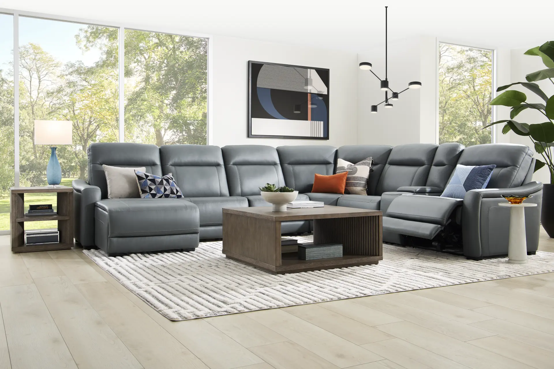 Newport Blue Leather 7 Pc Dual Power Reclining Sectional